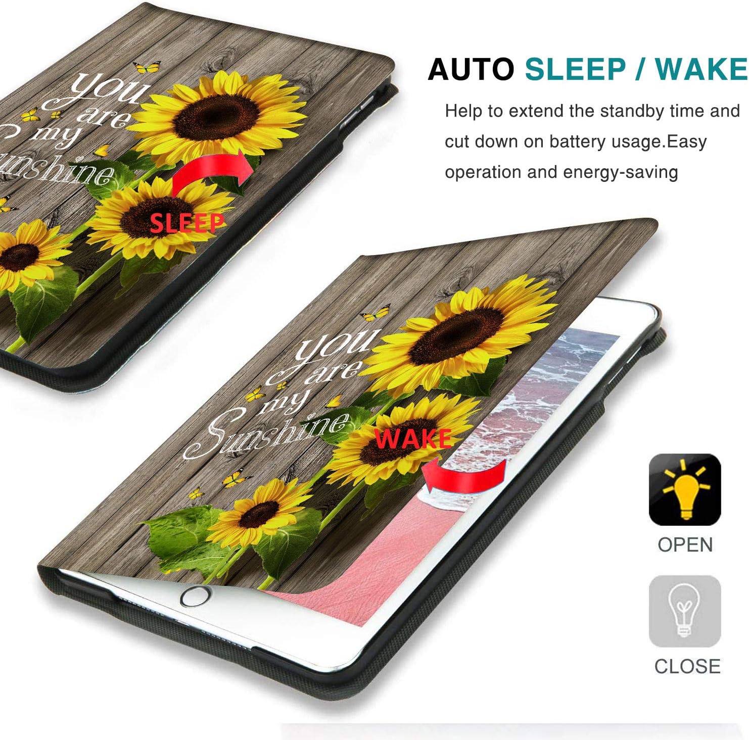 Hepix iPad Mini 4 Case Sunflower iPad Mini 5 Case 2019&2015 for Girls Women, Wooden Flower Grain Full-Body Multi-Angles Slim Stand Protective Smart Cover Shockproof Auto Sleep Wake for A1538 7.9’’