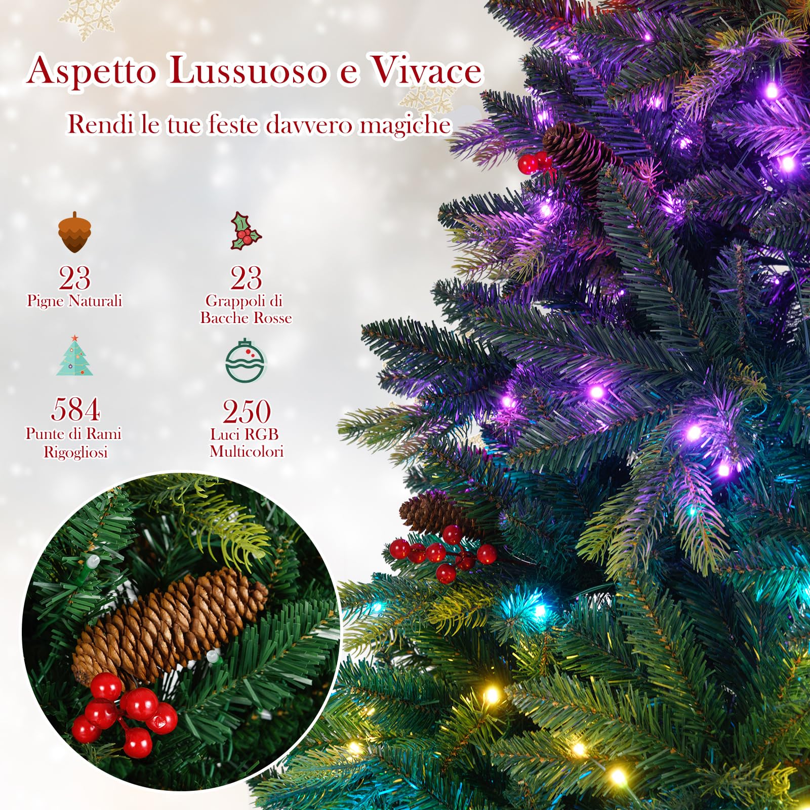COSTWAY Albero di Natale Artificiale 150/180 cm, con 250/370 Luci RGB Multicolori Controllabili tramite APP, 584/1054 Rami in PE & PVC, 23/41 Pigne e 23/41 Bacche Rosse e Controllo Remoto (150 cm)
