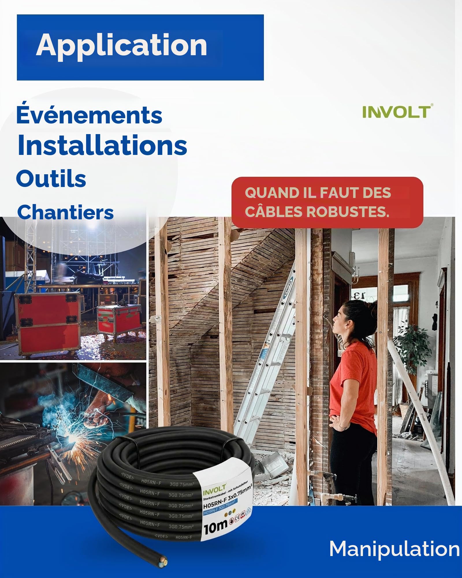 INVOLT 50m de câble en caoutchouc H05RN-F 3G0,75 mm², flexible, robuste, câble en caoutchouc avec conducteur de protection pour la connexion d'appareils électriques, VDE