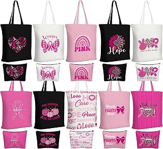 Sanwuta 20 Pcs Breast Cancer Awareness Canvas Tote Bag and Makeup Pouch Set, Reusable Pink Ribbon Shopping Bag with Cosmetic Organizer for Women Breast Cancer Survivors Fundraisers Gifts