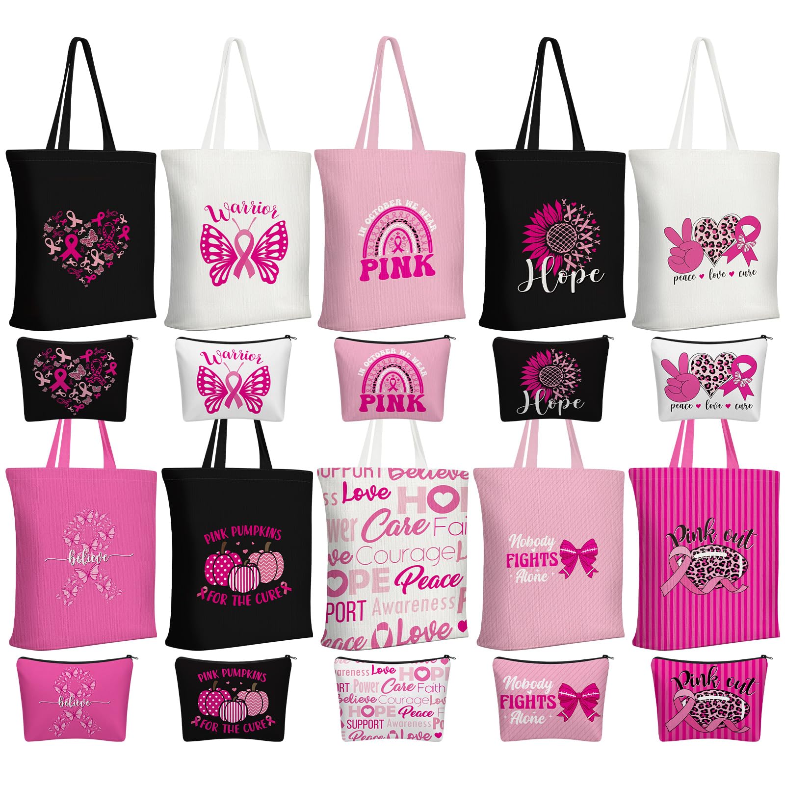 Sanwuta 20 Pcs Breast Cancer Awareness Canvas Tote Bag and Makeup Pouch Set, Reusable Pink Ribbon Shopping Bag with Cosmetic Organizer for Women Breast Cancer Survivors Fundraisers Gifts