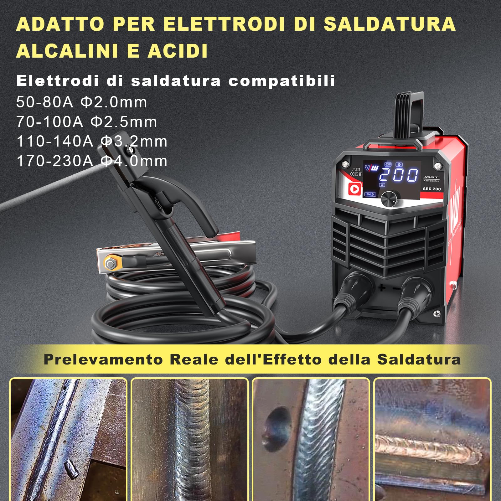 200A Saldatrice a Elettrodi, ARC/MMA Inverter Saldatrice, Saldatrice Portatile con IGBT e Controllo Dell'arco per Principianti, ARC 200 con Hot Start, Casco da Saldatura, 10 Elettrodi-VECTOR WELDING