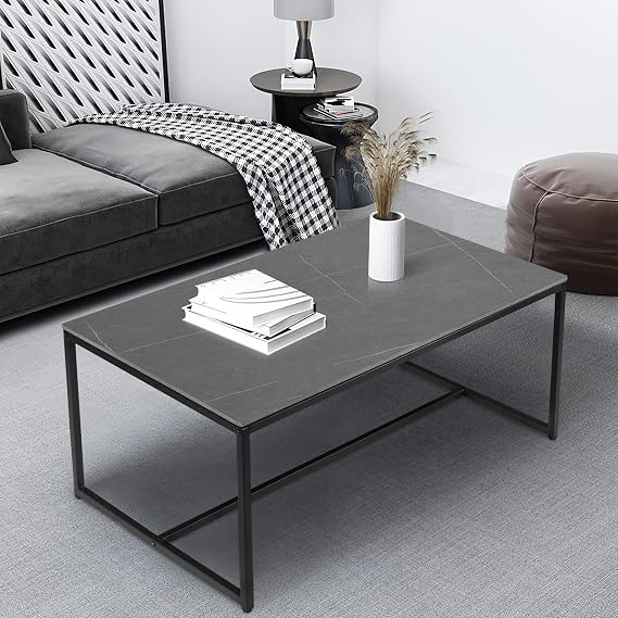 Marble Rectangular Coffee Tables:Large Grey Sintered Coffee Table 100cm Long Marble Effect Coffee Table with Sturdy Metal Legs for Living Room Furniture Decoration