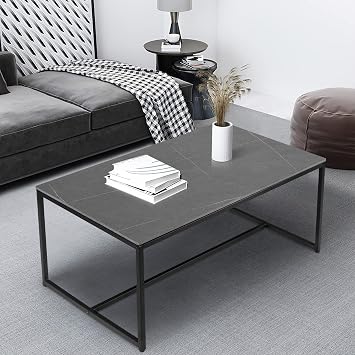 Marble Rectangular Coffee Tables:Large Grey Sintered Coffee Table 100cm Long Marble Effect Coffee Table with Sturdy Metal Legs for Living Room Furniture Decoration
