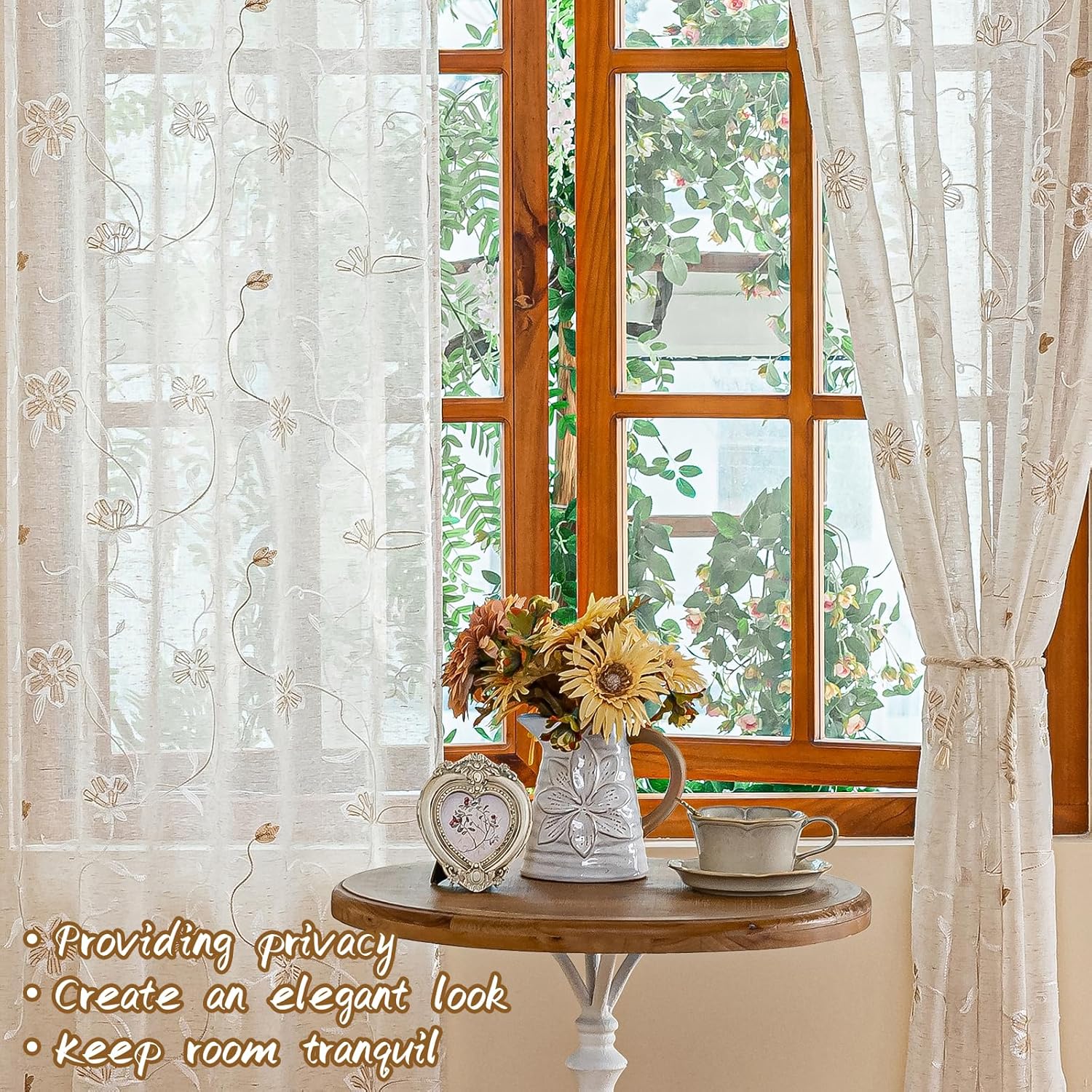 AmHoo 2 Panels Linen Floral Leaf Embroidered Semi Sheer Curtain Farmhouse Voile Curtains for Living Room Bedroom Window Treatment Taupe 52 x 84 Inch