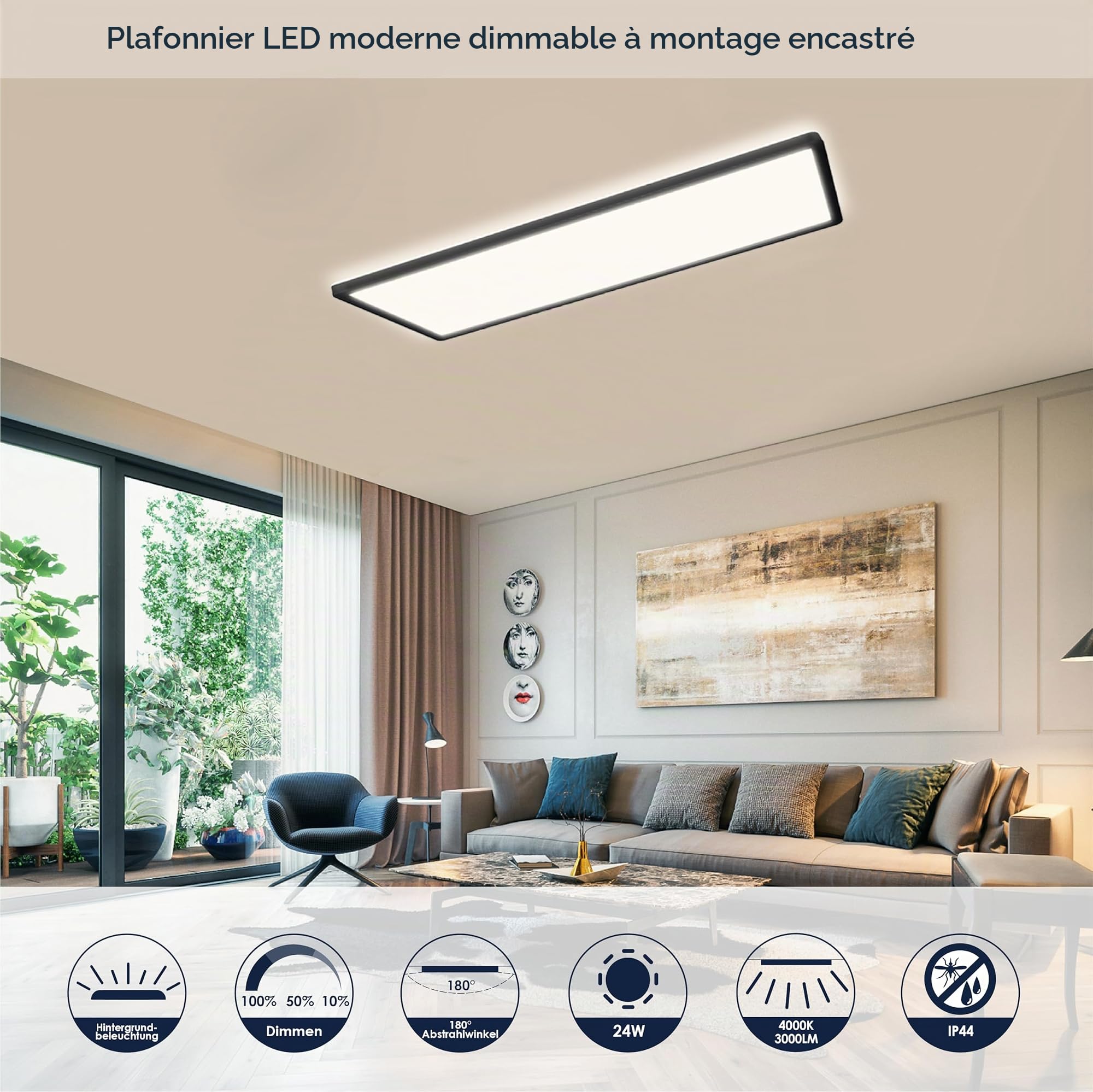 BestLuz LED Plafonnier Plat Rectangulaire 58x20CM 24W 3000LM Trois Niveaux Gradation Noir LED Panneau Blanc Neutre 4000K Avec Effet de Rétroéclairage Salle de Bains Chambre Salon Cuisine Ultra Mince