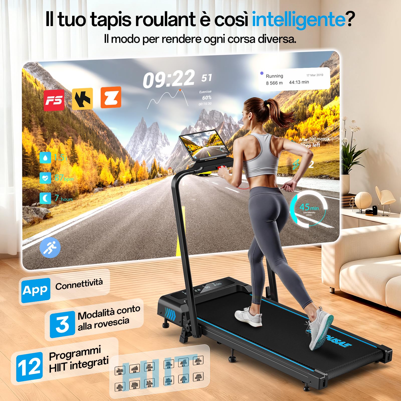 Tapis Roulant Elettrico Pieghevole, FOUSAE 5 in 1 Tapis Roulant con Inclinazione, Tapis roulant pieghevole da 12 km/h, App, Telecomando e Doppio Display LED, Nessuna Installazione Richiesta