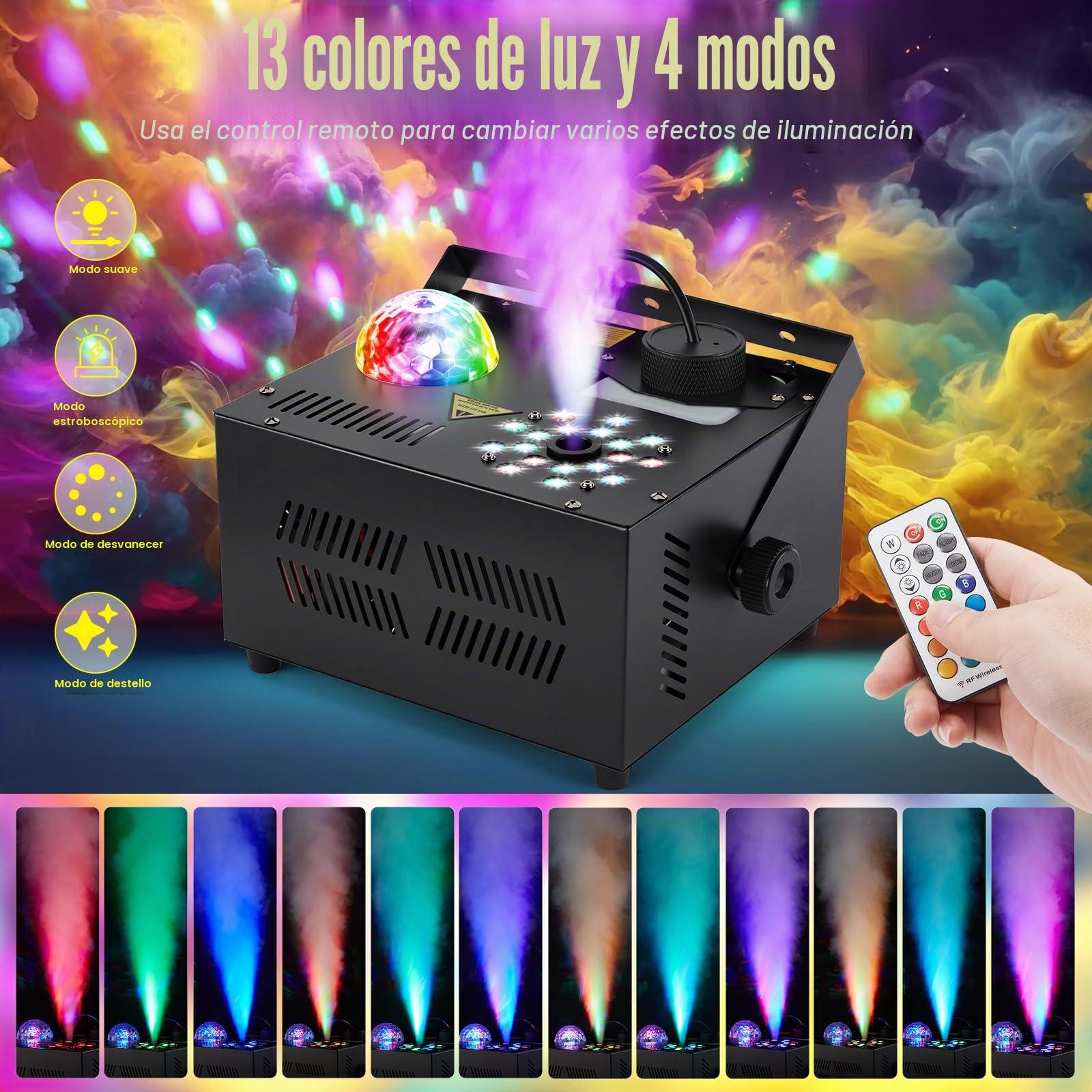 HAKUTA Máquina de Humo Vertical 1000W con 18 LED y Bola de Espejos | Efectos LED 12 Colores + 4 Modos Dinámicos, Niebla Vertical 2300 CFM, para Halloween, Navidad, Bodas, DJ, Discotecas
