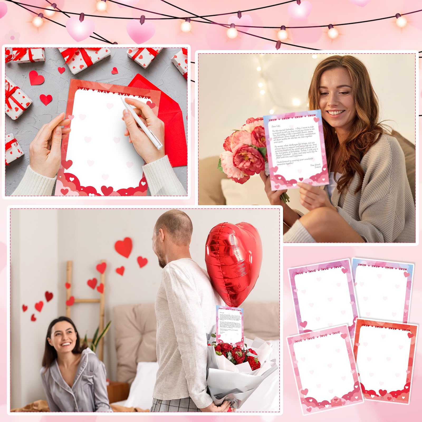 Dispowreath 100 hojas de papel de papelería de San Valentín, decoración de borde de membrete de corazón, 21,6 x 28 cm, papel de escritura rosa imprimible para San Valentín, boda, aniversario, tarjetas