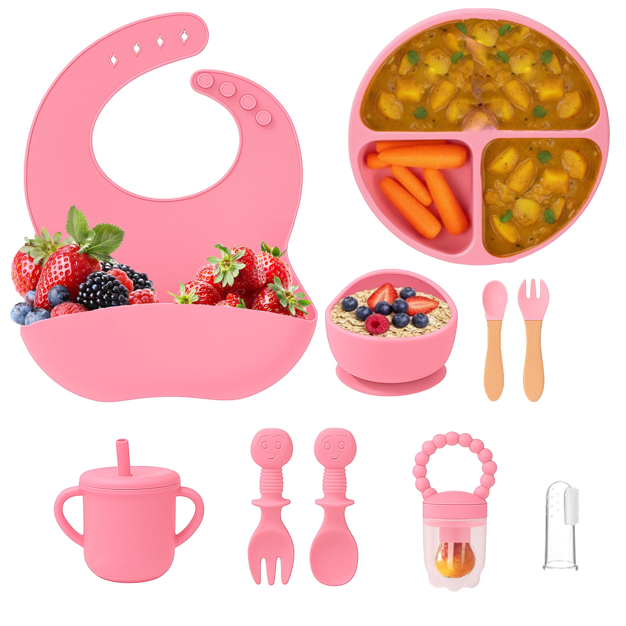 Set per lo svezzamento del bambino, in silicone rosa, con piatto, ciotola, tazza, cucchiaio, forchetta, bavaglino, 11 pezzi, per uso alimentare, lavabile in lavastoviglie (rosa)