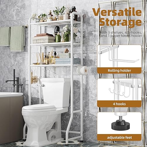 Miniatura 6 de Simple Trending Estante de almacenamiento sobre el inodoro, estante organizador de baño de metal de 3 niveles con soporte para papel y 3 ganchos,