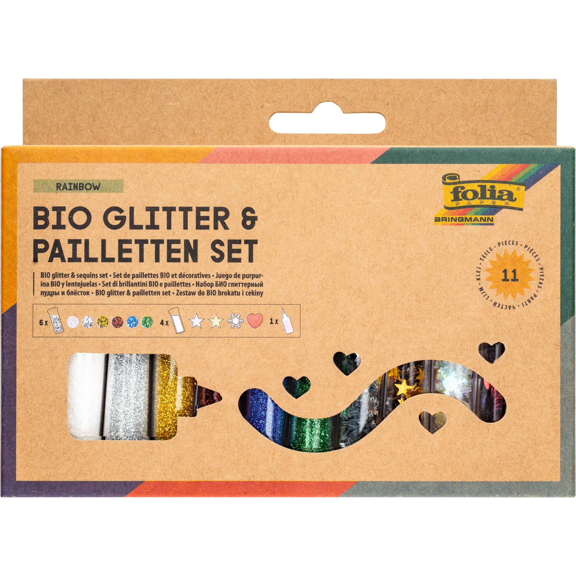 folia 5791 - Organic Glitter & Sequins Set Rainbow, 10 Tubes Including 90 g Decorative Glue, Organic Glitter and Sequins in Various Shapes and Colours, for Decorating and Decorating