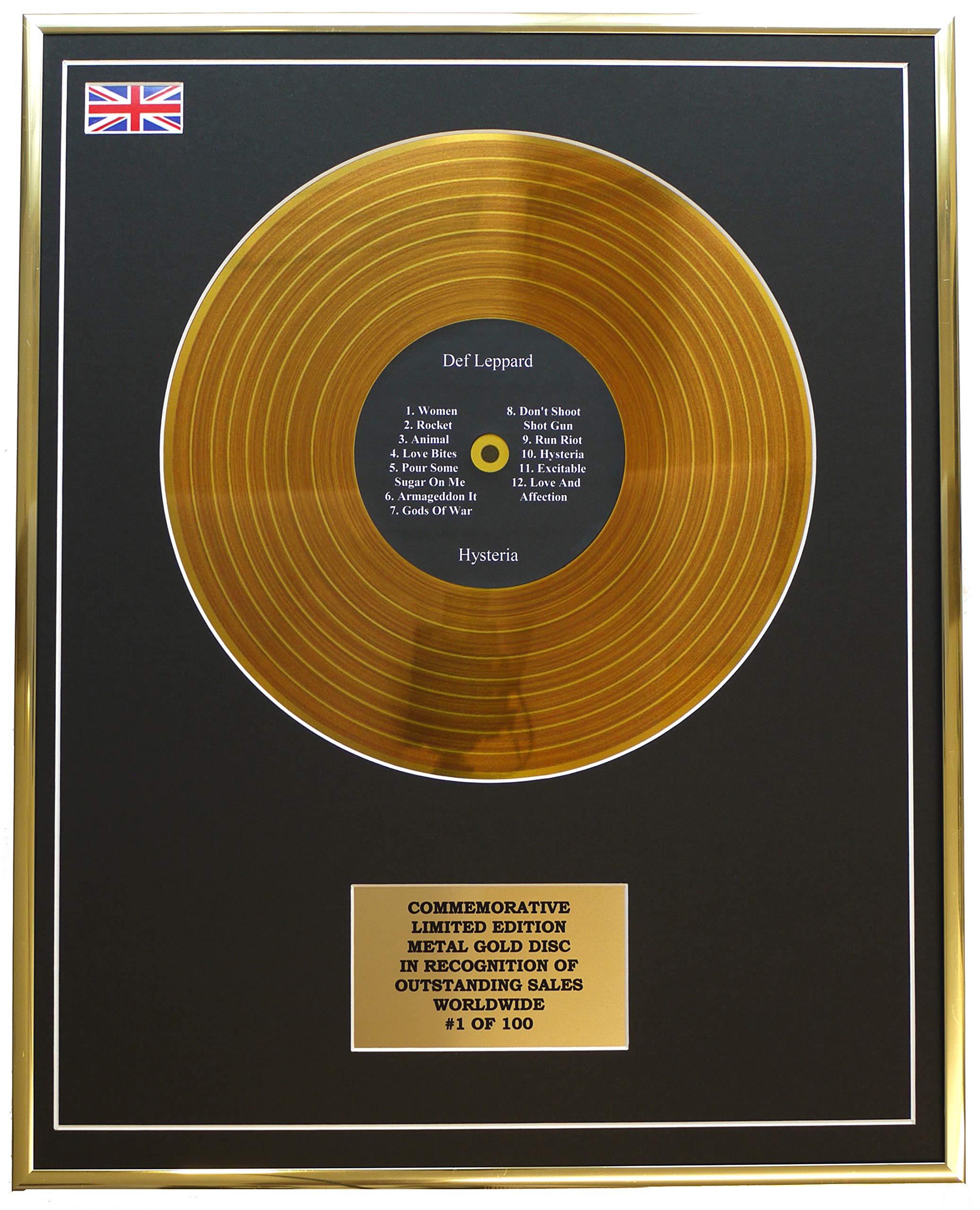 Limited Edition Metal Gold Disc Gold Def Leppard - Hysteria Metal Record Display Commemorative Ltd Edition