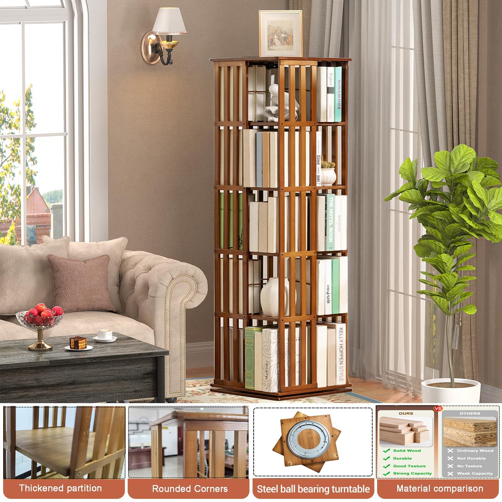Libreria in Legno a 5 Livelli, 360 ° Scaffali Girevoli di Stoccaggio，Mobile Libreria Verticale Angolare, Porta Libri per Sala Camera Studio Soggiorno, Ufficio, Espositore (5 Livelli)