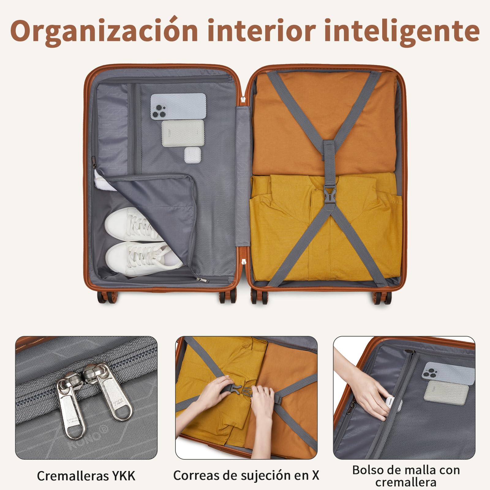 Kono Juego de Maletas de Viaje 4 Piezas PP - Equipaje con Ruedas 360° Silenciosas, Candados TSA e Incluye Estuche de Cosméticos para Toda la Familia (Crema/Marrón)