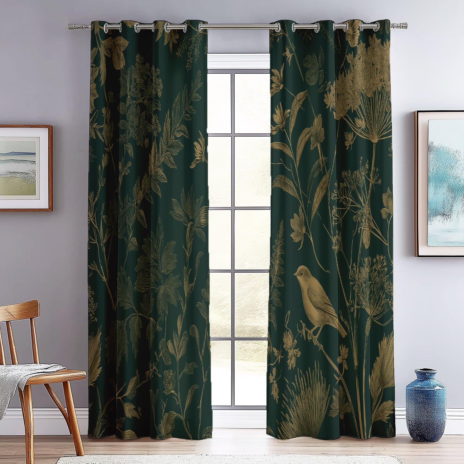 Grün Verdunkelungsvorhänge H243 x B53 cm 2 Paneele, Natur Vintage Blumen Blätter Bedruckte Vorhänge - Dreilagige Mikrofaser-Beschattung und Wärmeisolierung Geeignet für Schlafzimmer und Wohnzimmer