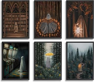 6 Piece Funny Ghost Posters Abandoned Arcade Cute Ghosts Canvas Wall Art Humor Scary Ghost Art Picture Print Vintage Ghosts in Blossoms Forest Nostalgic Dark Academy Decoration Oil Painting Gothic Halloween Bedroom Bathroom Unframed Dimensions: 8x10 inches
