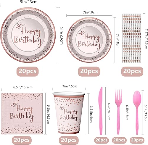 Miniatura 2 de Lealonchi Juego de 160 piezas de vajilla de papel rosa para fiesta de cumpleaños, incluye platos de cena de oro rosa, tazas, servilletas, pajitas,