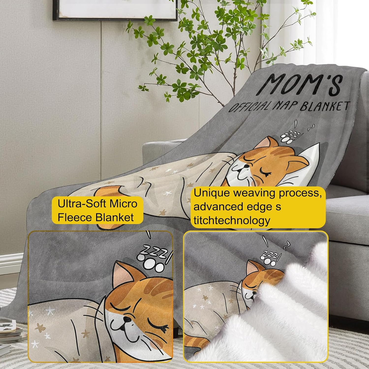 Mom's Official Nap Blanket, Cute Cat Fleece Throw with Humorous Design, Soft Cozy Lightweight Blanket, for Mothers, 60x80 in,Decor