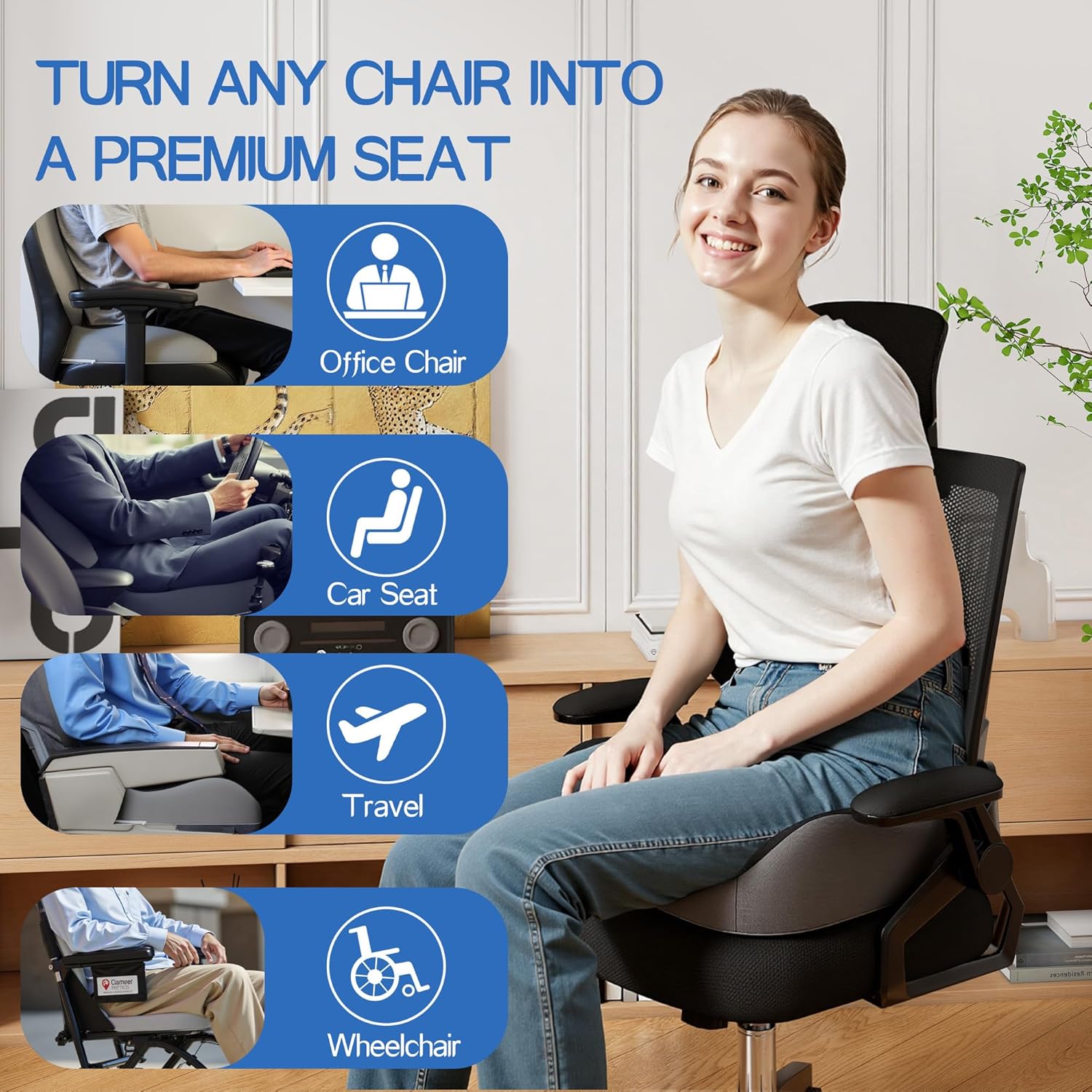 Benazcap Large Memory Foam Seat Cushion Lumbar Support Pillow for Sciatica & Tailbone Pressure Relief Coccyx Pad for Office Chair, Wheelchair, Car, Home, Office