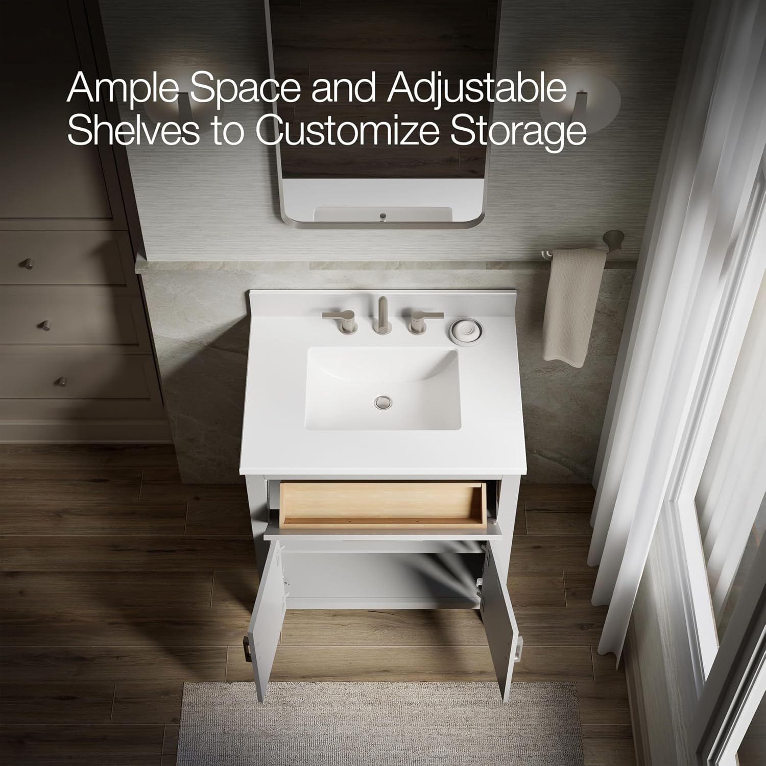 Kohler Kresla 30 Inch Bathroom Vanity Cabinet with White Single Sink and Quartz Top, Modern Bathroom Storage, Atmos Grey