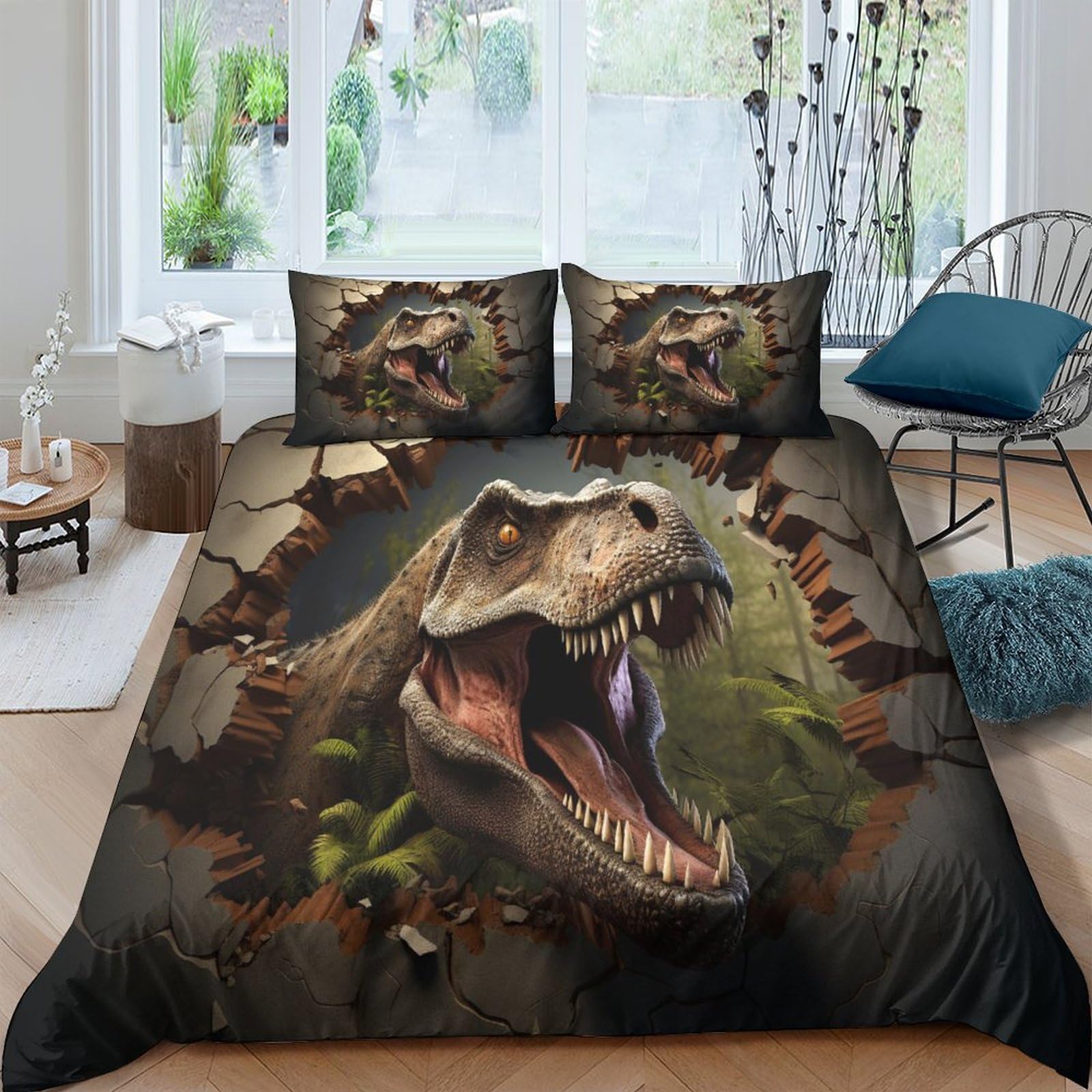 ESSAHI Dinosaurs 3Pcs Comforter Cover Set for Kids Boys Girls Duvet Cover Bedding Set 3D Printed Jungle Animals Quilt Cover Microfibre Room Decor with Pillowcases Hidden Zipper King（220x240cm）