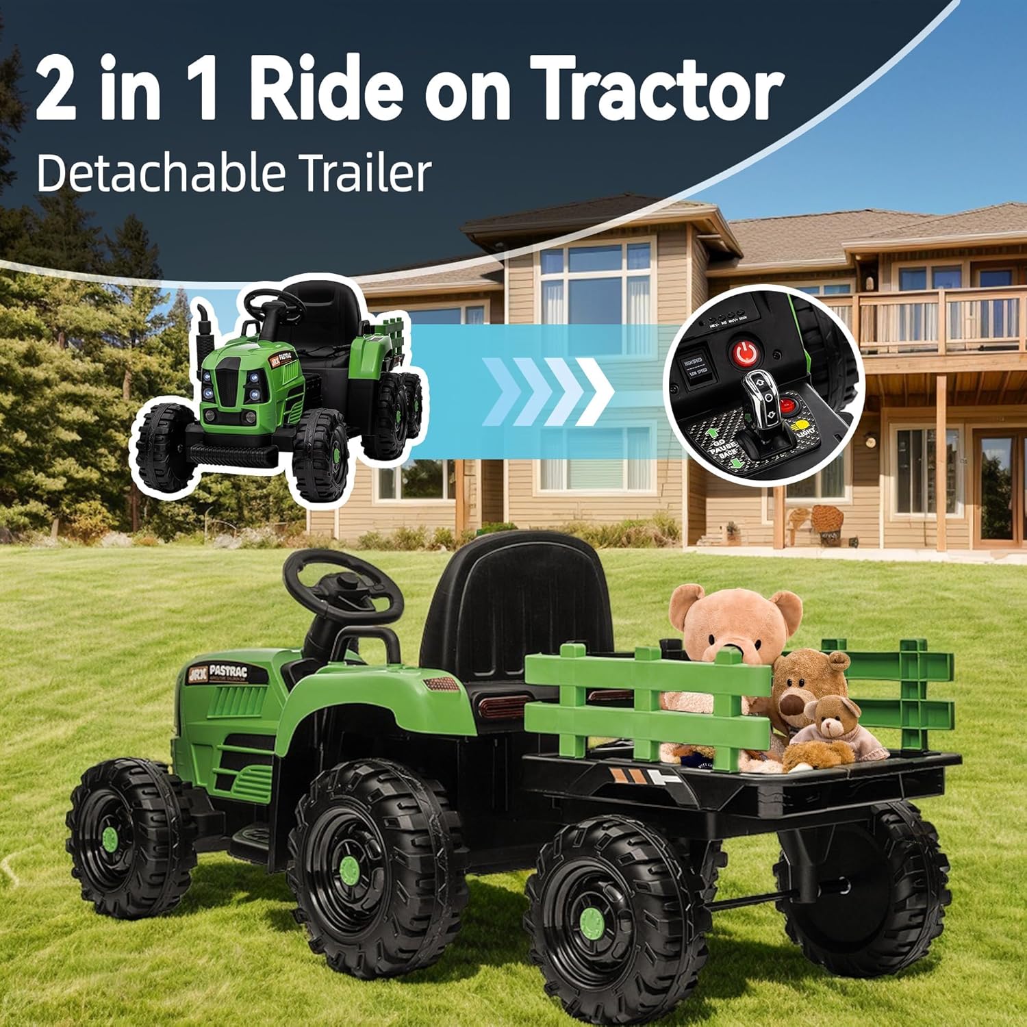 24V Ride on Tractor with Trailer, 400W Electric Car for Kids, Toddler Ride On Toy W/Remote Control, 3 Speed Adjustable, MP3, Bluetooth, LED Light, Blue