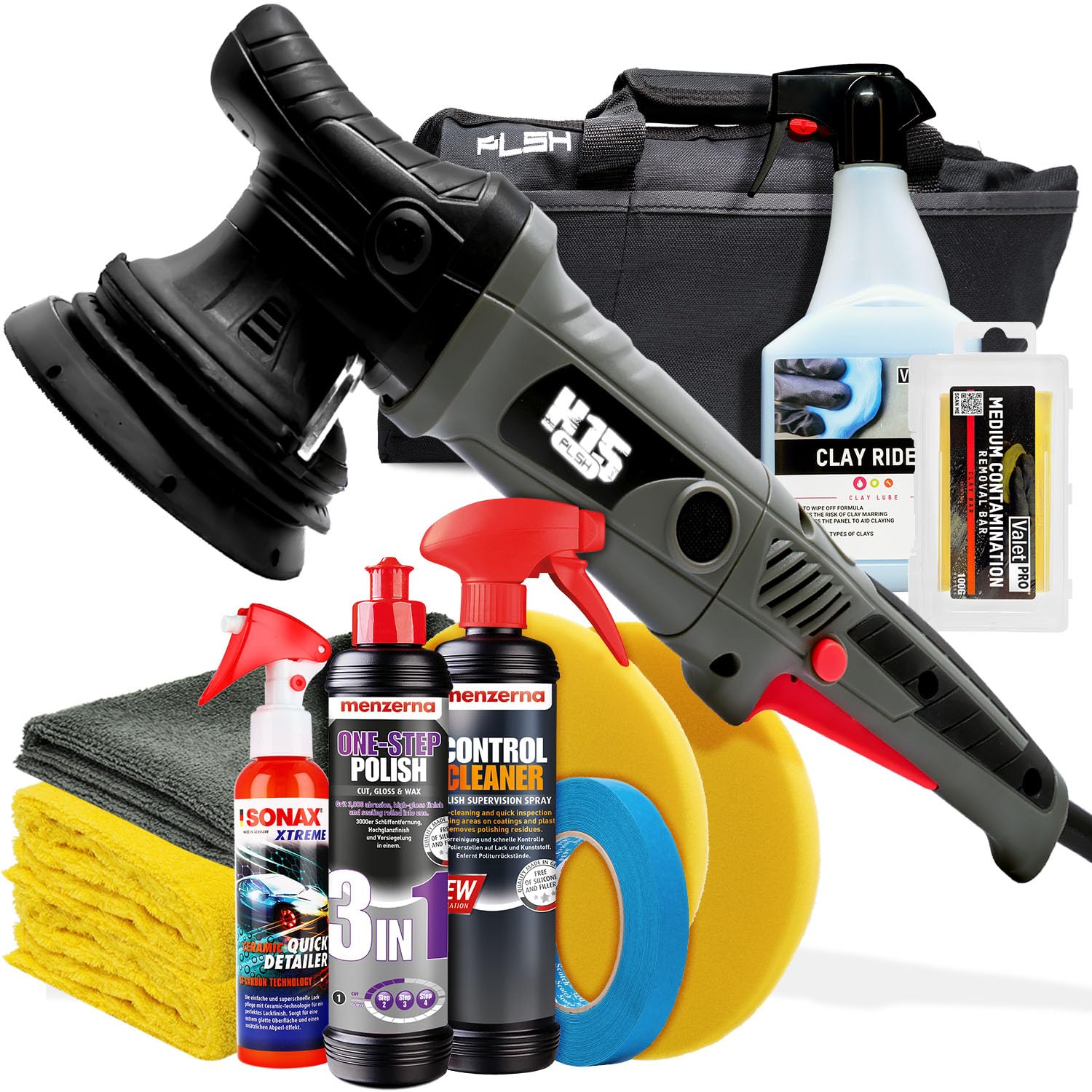 Paquete de abrillantador para coche: PLSH H15 pulidora + abrillantador Menzerna One-Step 0,25 l, limpiador de control 0,5 l, plastilina ValetPro Clay Rider 0,5 l, Sonax Quick Detailer 140 ml +