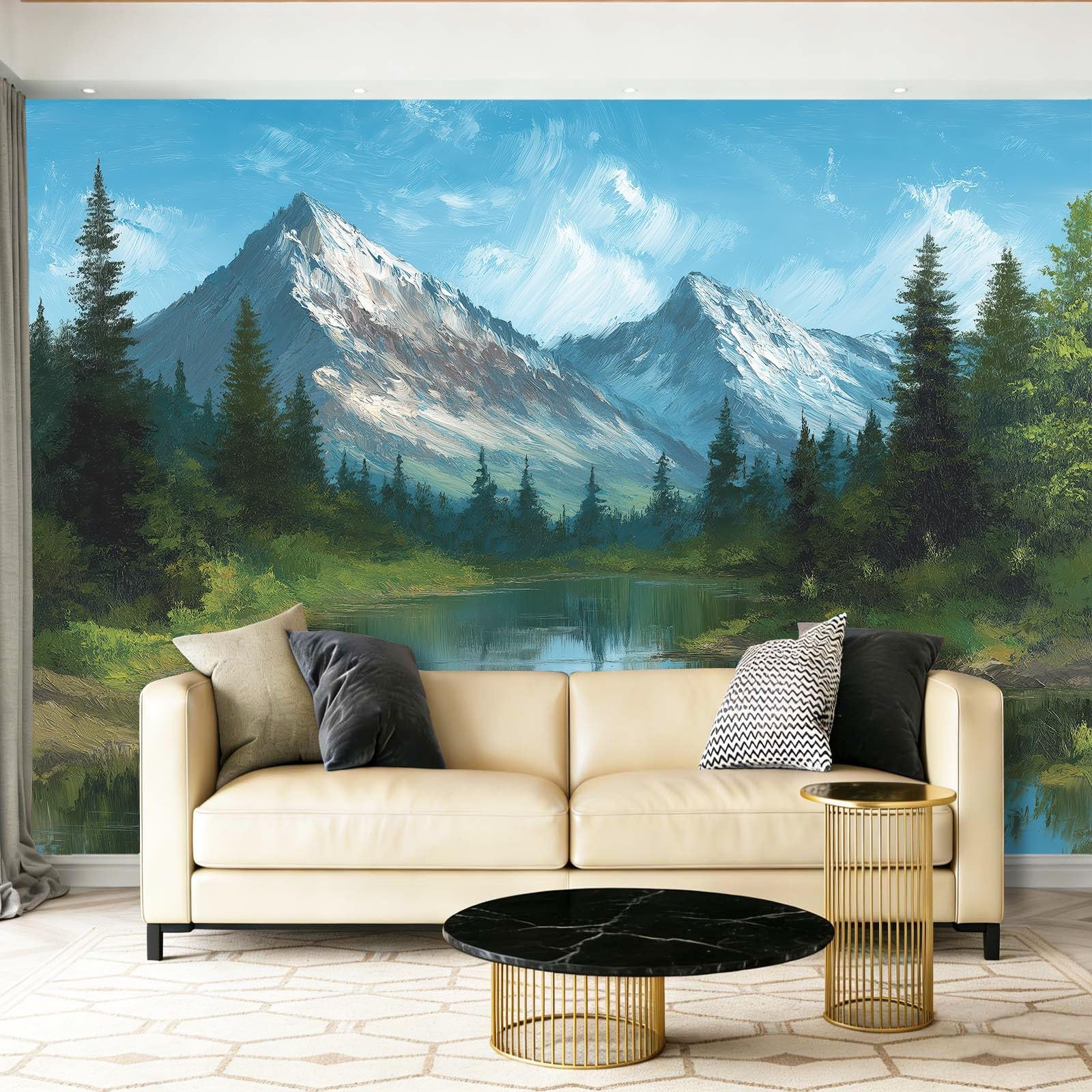 Tapeta z motywem 250 x 175 cm, krajobraz górski w stylu retro jezioro, wesoła tapeta z motywem do pokoju dziecięcego i kącika do majsterkowania, niebiesko-zielona