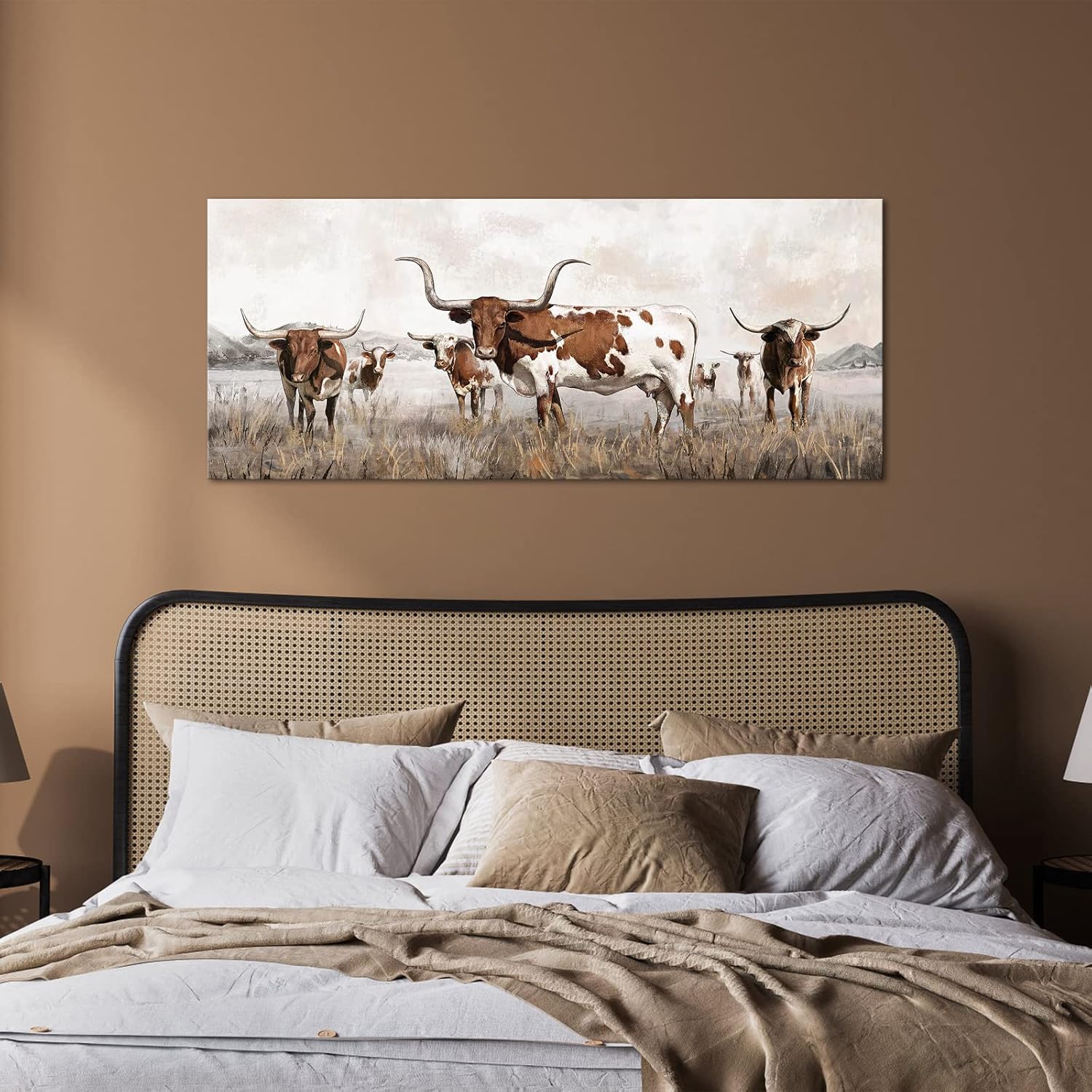 Visual Art Decor Large Longhorn Canvas Wall Art Texas Decor Western Farmhouse Cow Cattle Picture Art Prints for Living Room, Kitchen, Bedroom, Office & Home Decor Gift Ready to Hang (Brown)