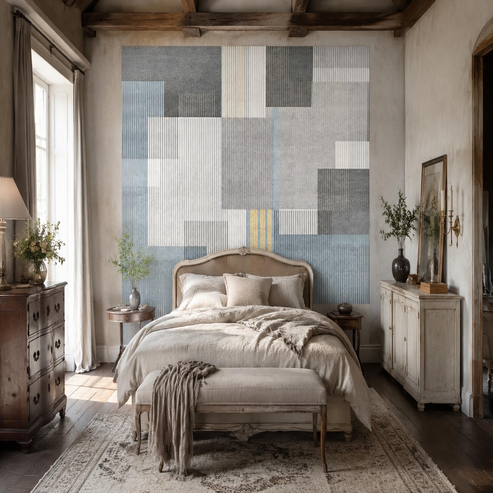 Gobeliny bardzo duże 180 x 230 cm, niestandardowy obraz logo tekst spersonalizowany gobelin wiszący na ścianie, nowoczesny, geometryczny szary, niebieski, biały, żółty,