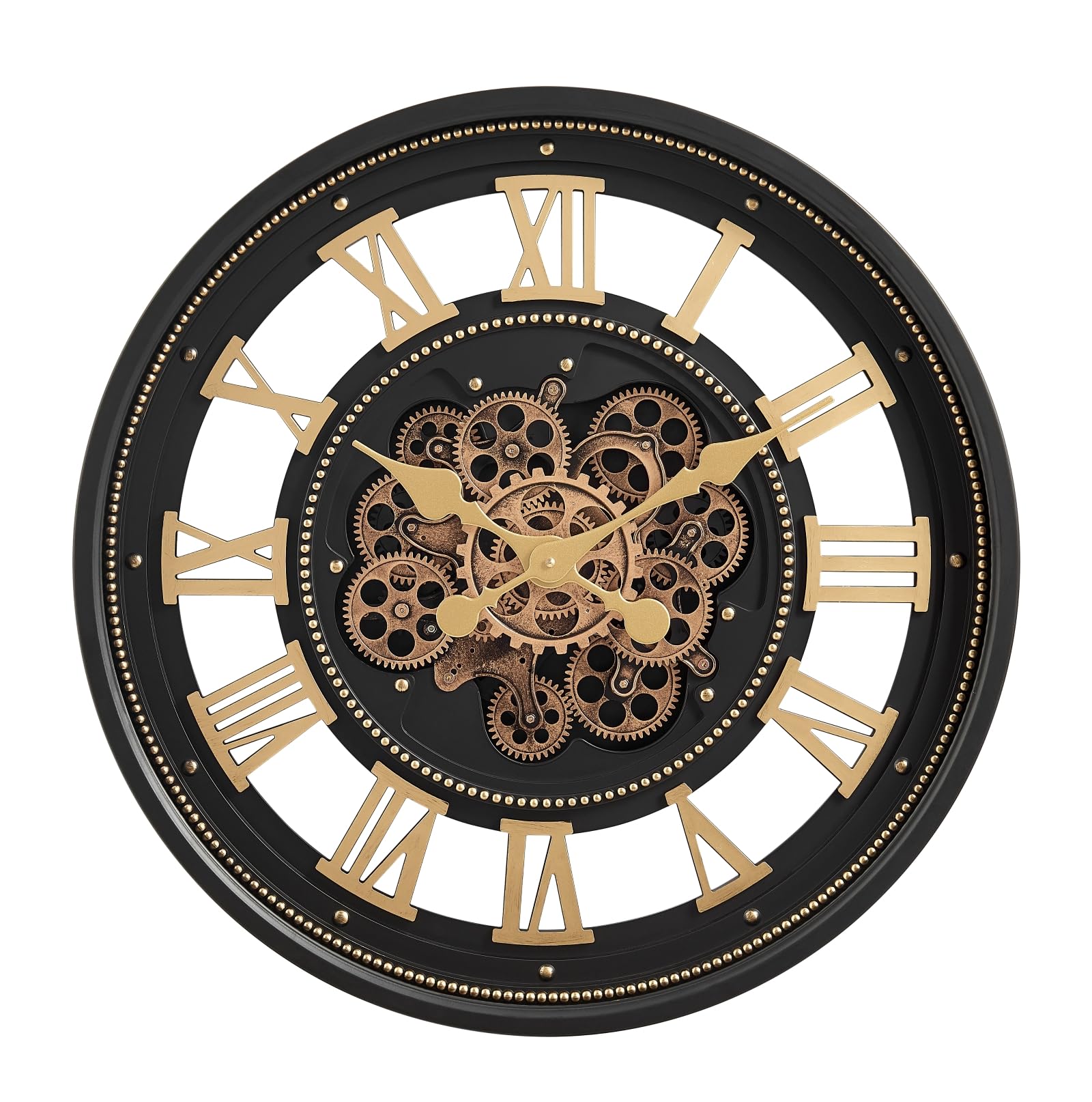 CLXEAST Orologio da parete da 61 cm con ingranaggi mobili, numeri romani, moderno nero e finitura oro