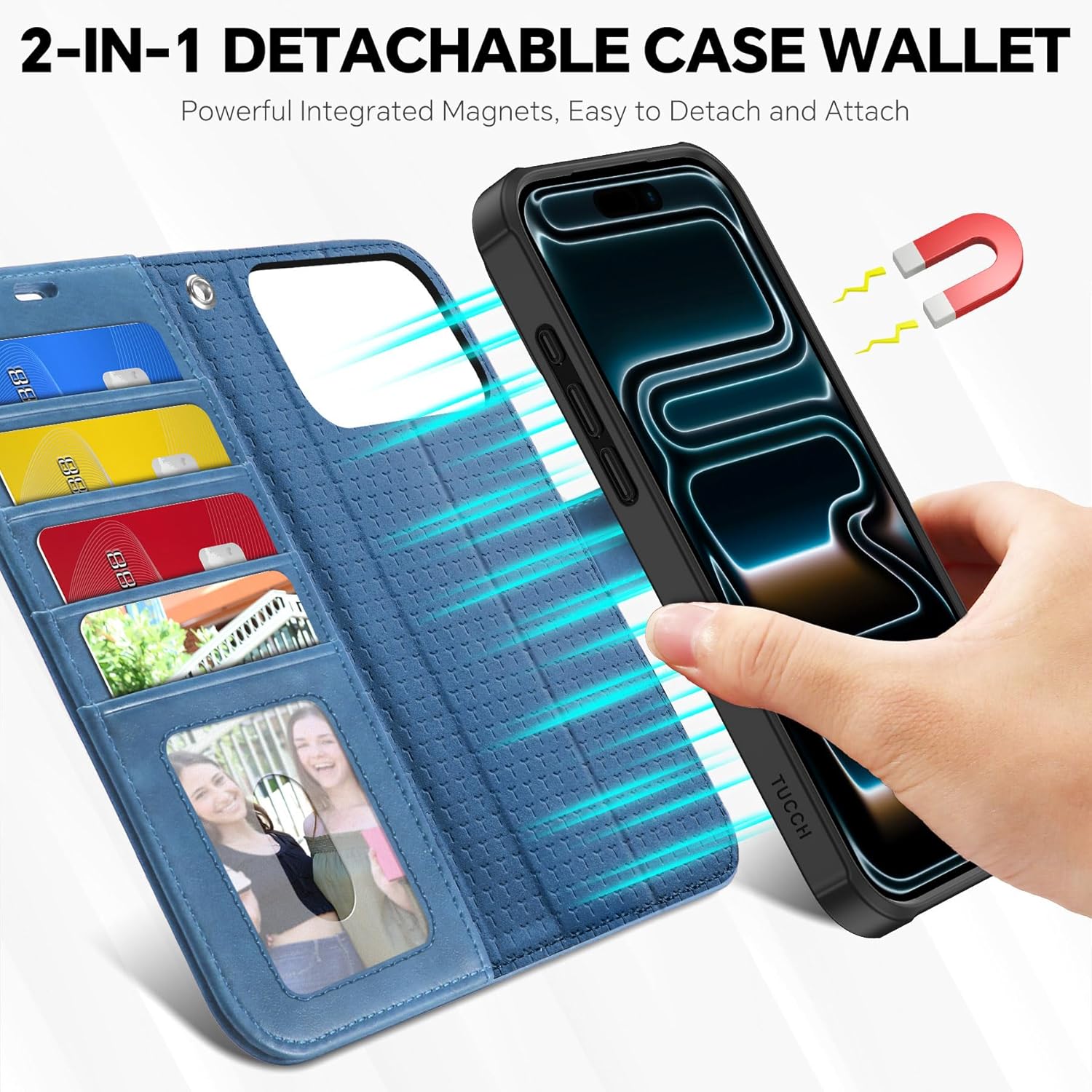 tucch detachable case wallet for iphone 17 pro max 6.9" 2025, wrist strap | 4 card slots rfid blocking | wireless charging | stand | 2-in-1 magnetic | pu leather | shockproof folio cover | light blue for iphone 17 pro max light blue