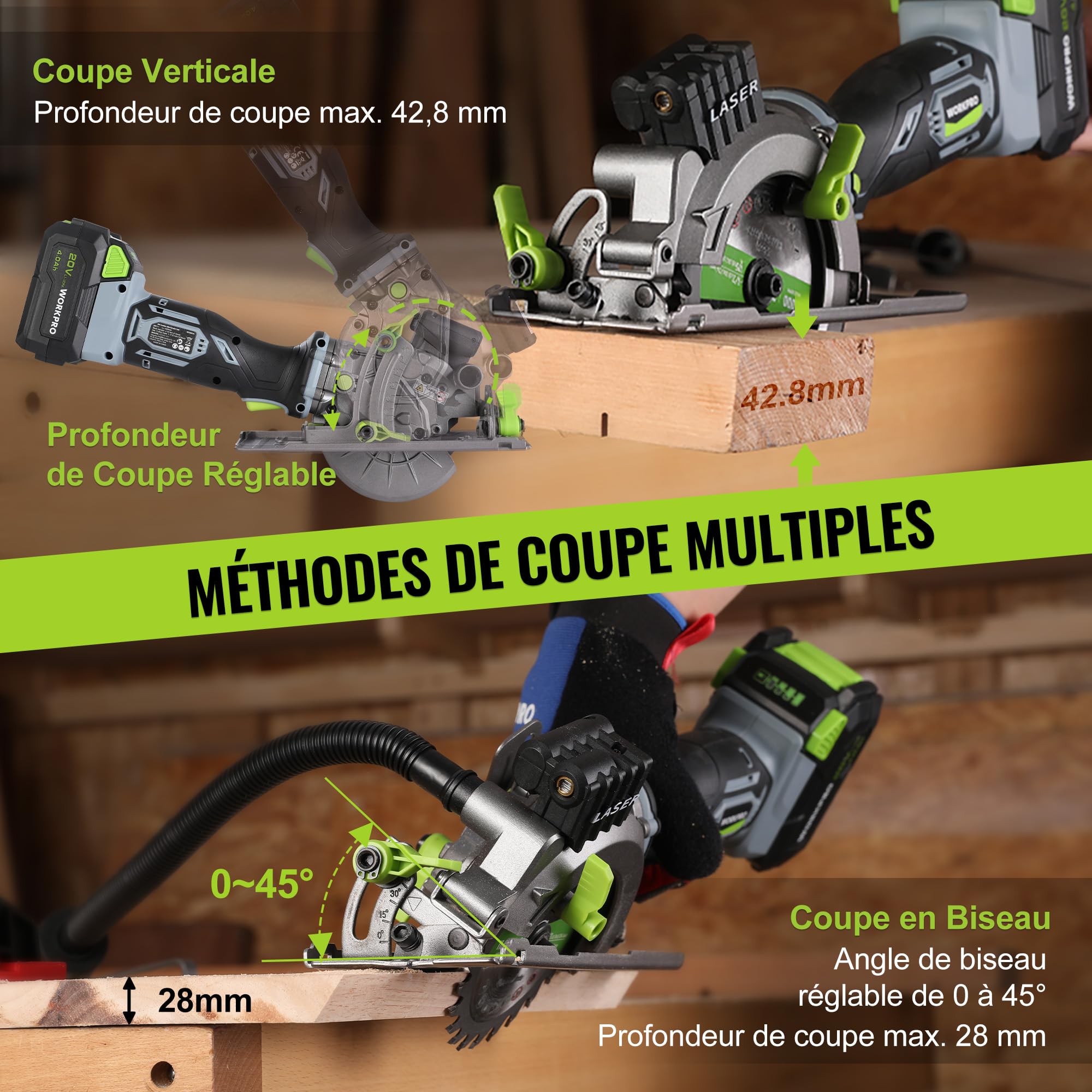 WORKPRO Mini Scie Circulaire Sans Fil 20 V avec Batterie 4,0 Ah | Avec Rail de Guidage, Laser, 3 Lames,Profondeur de Coupe 42,8 mm à 90° et 28 mm à 45°