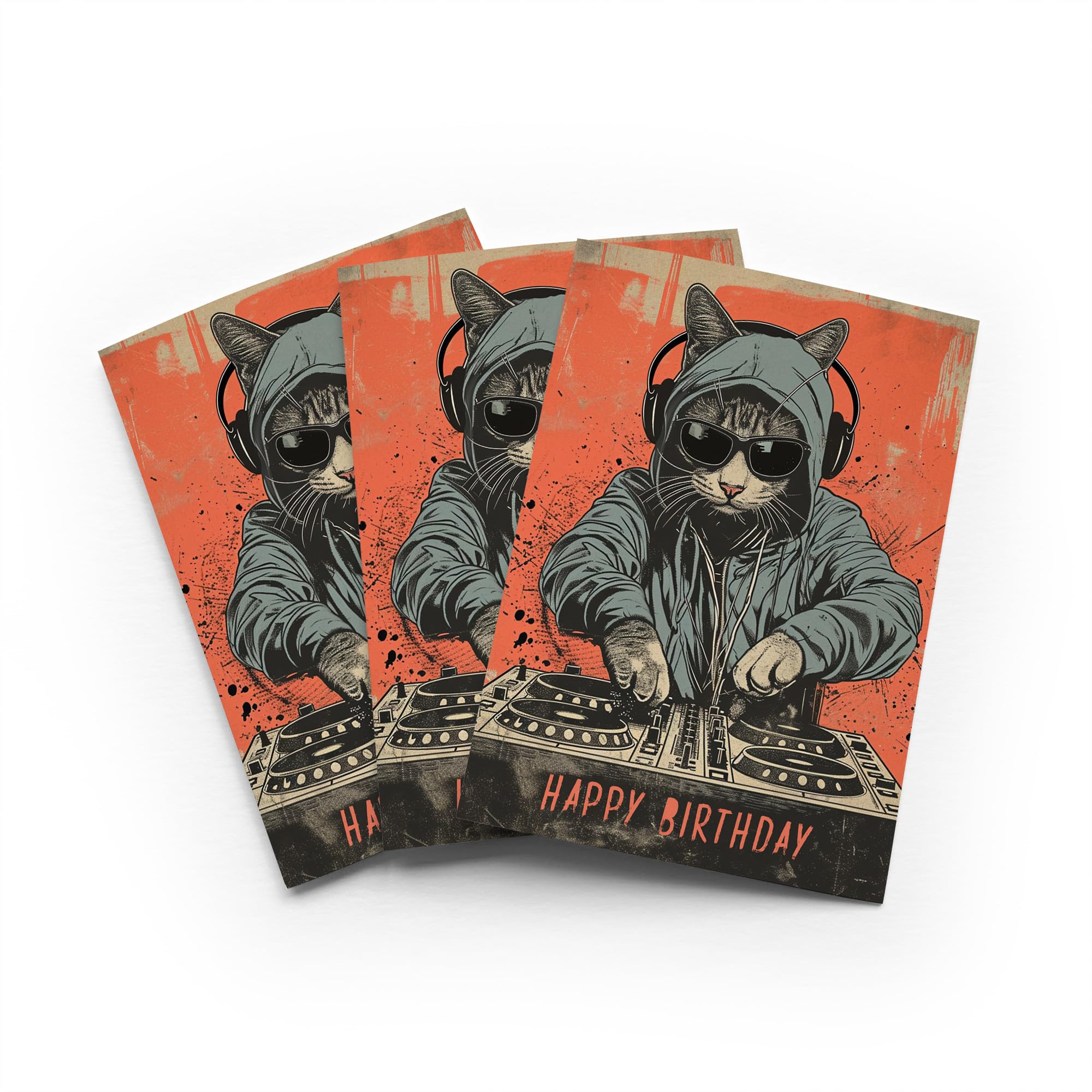 DJ Cat Hoodie Birthday Card Cool Sunglasses Set of 3 Greeting Cards Blank Inside 5x7 Inch 13x18 cm