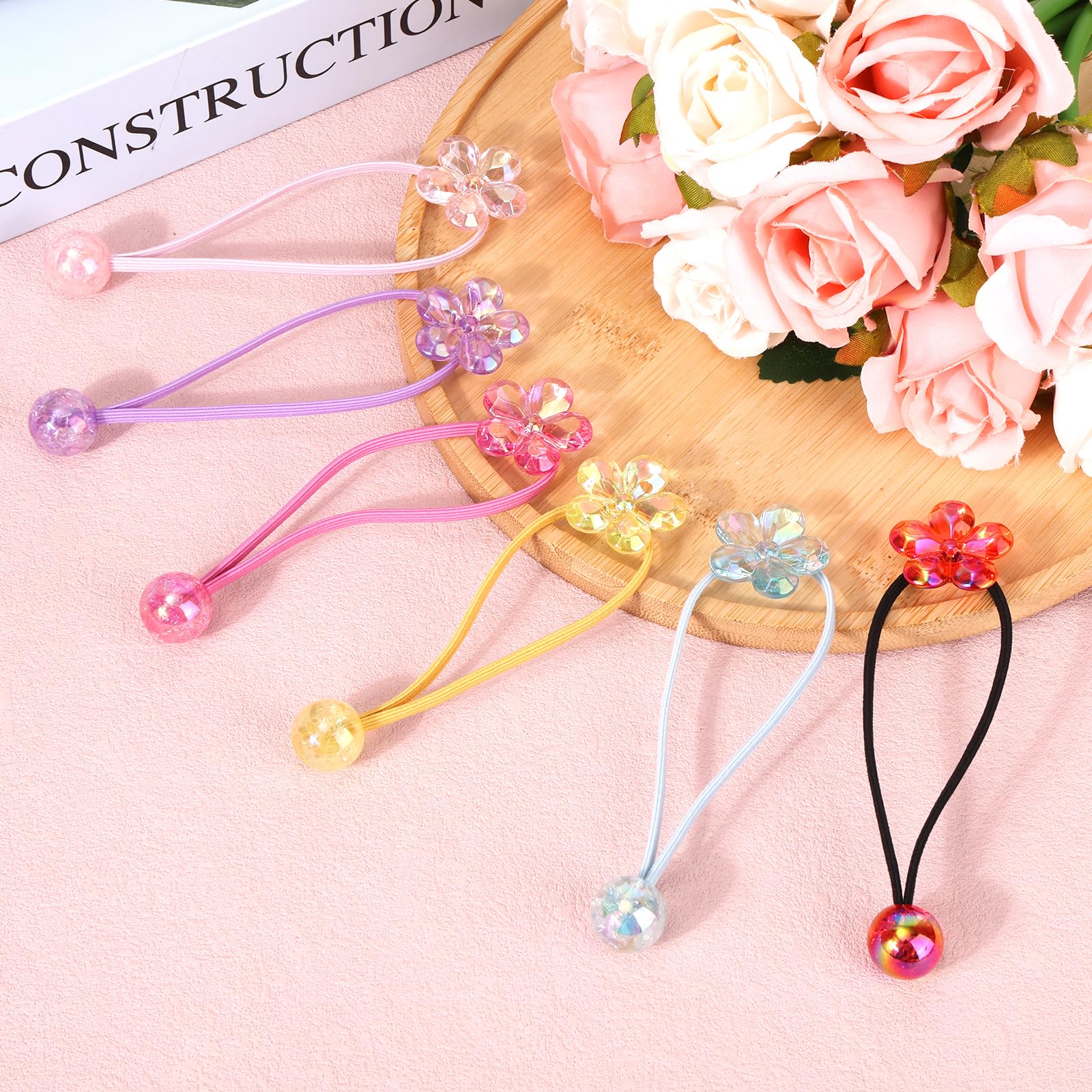 lasuroa 12 Pcs Ball Charm Hair Ties for Little Girls Colored Camellia Beads Elastic Hair Bands with Balls Cute Flower Ponytail Holders for Toddler Girls Hairstyle Accessories - Image 4