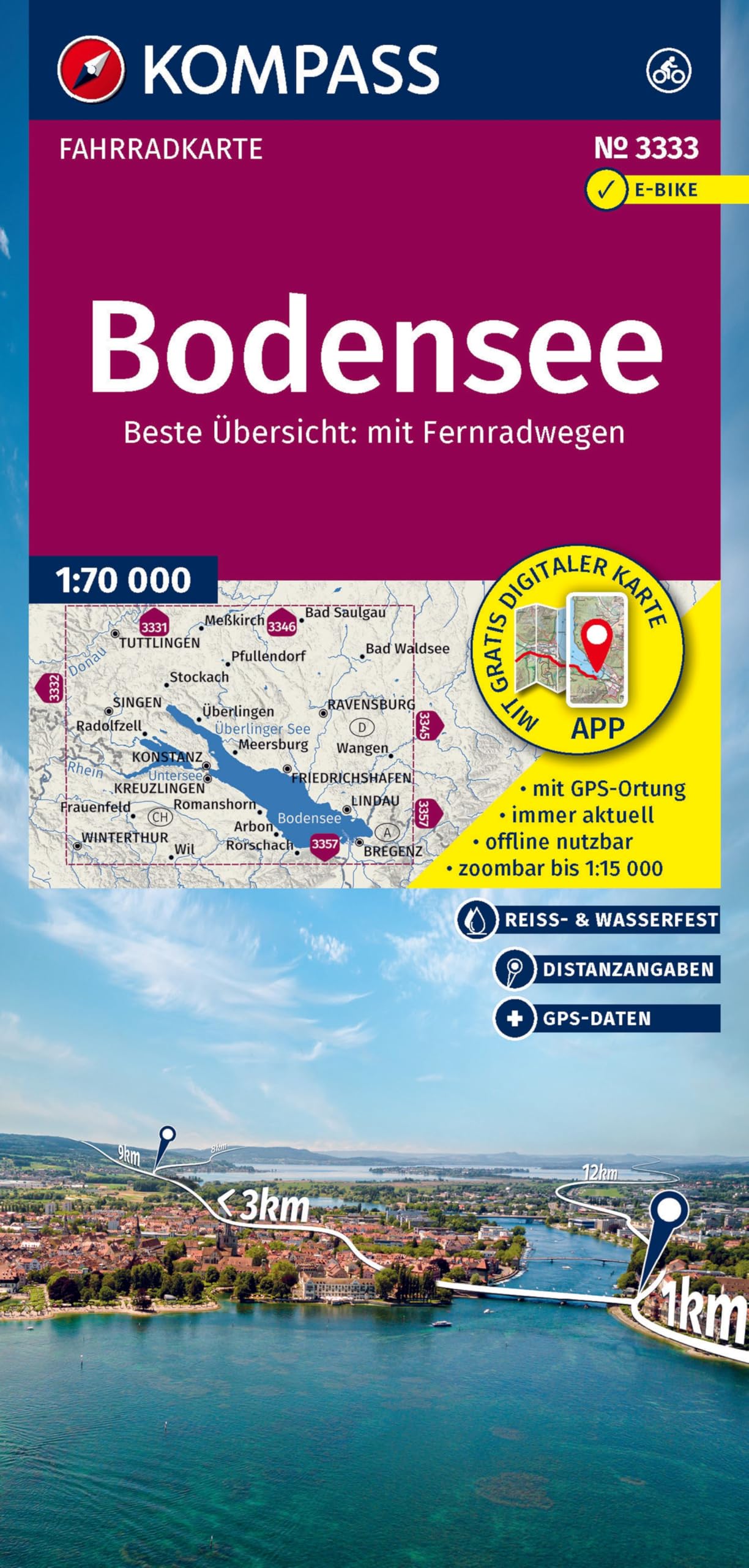 KOMPASS Fahrradkarte 3333 Bodensee 1:70.000: reiß- und wetterfest