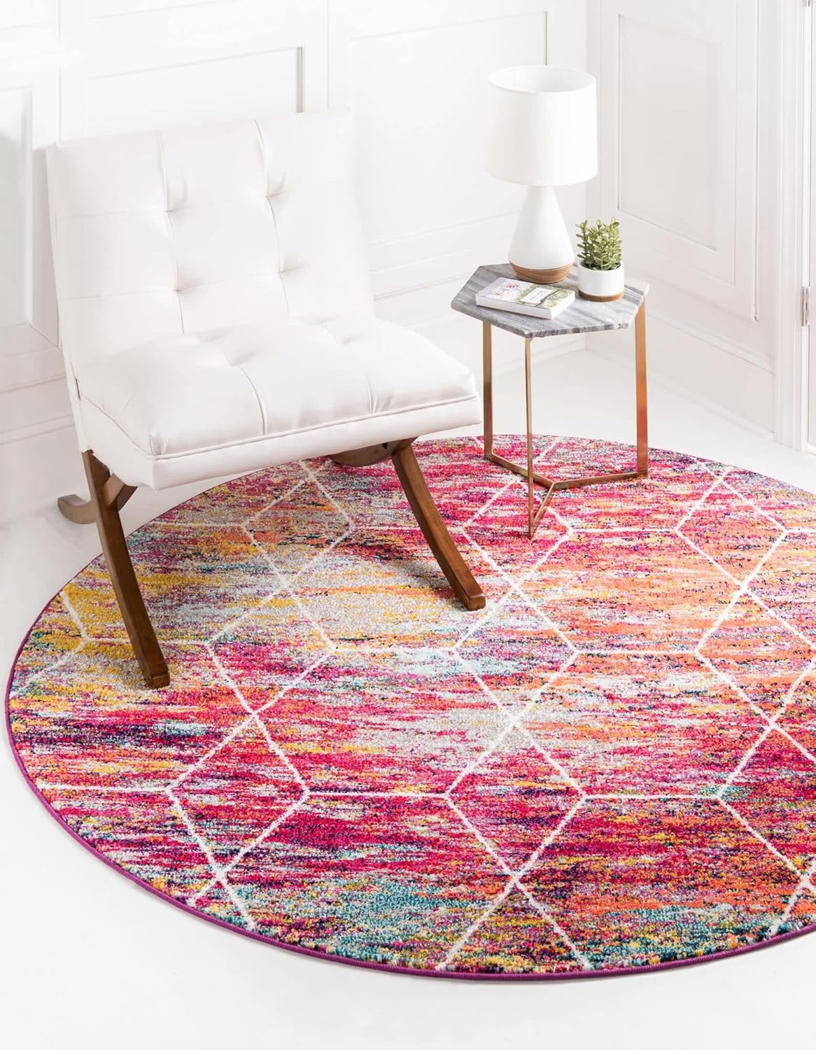 Unique Loom Trellis Frieze Collection Area Rug - Geometric (3' Round, Multi/ Ivory)