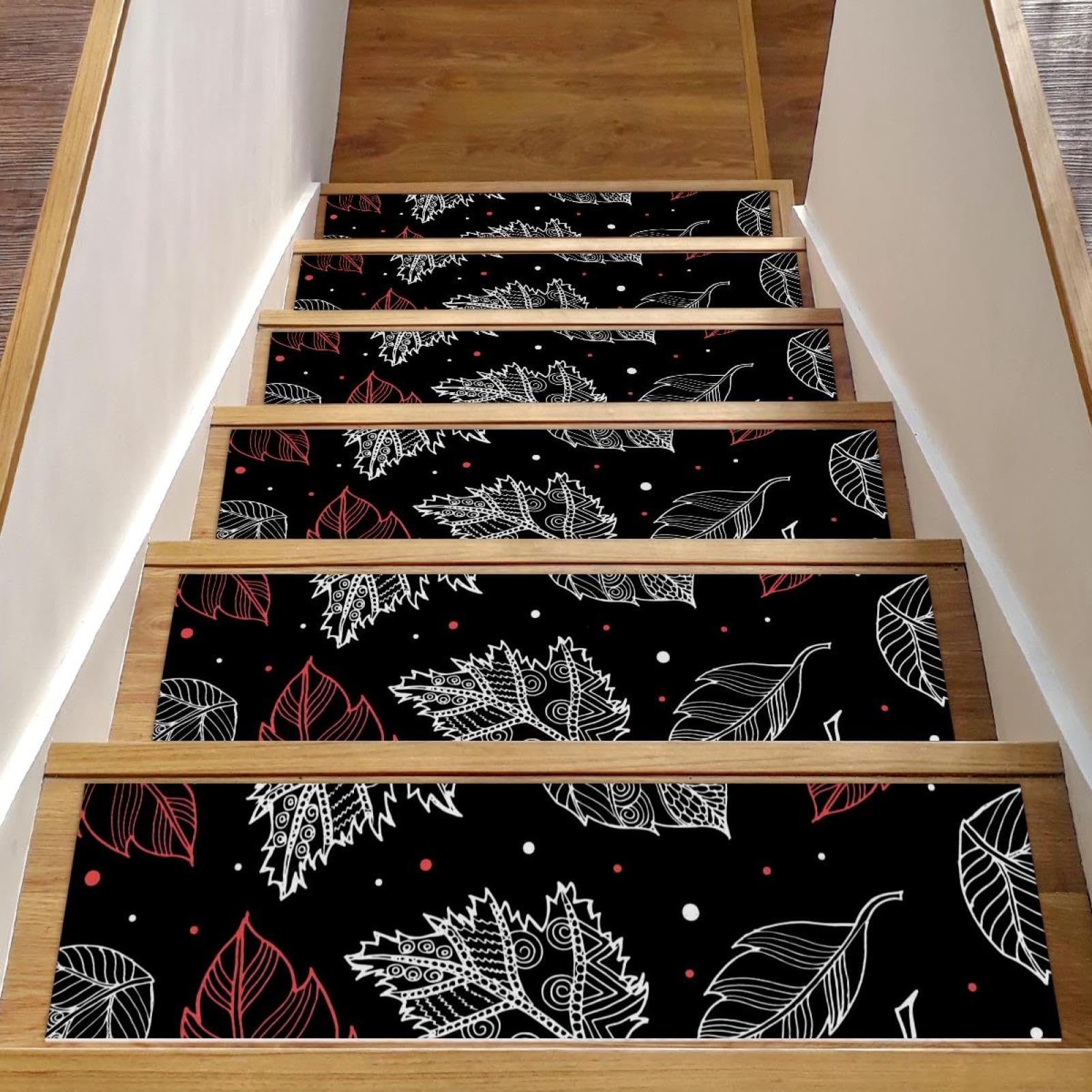 Tapis d'escalier antidérapants x15 marches bois motif feuilles rose blanc