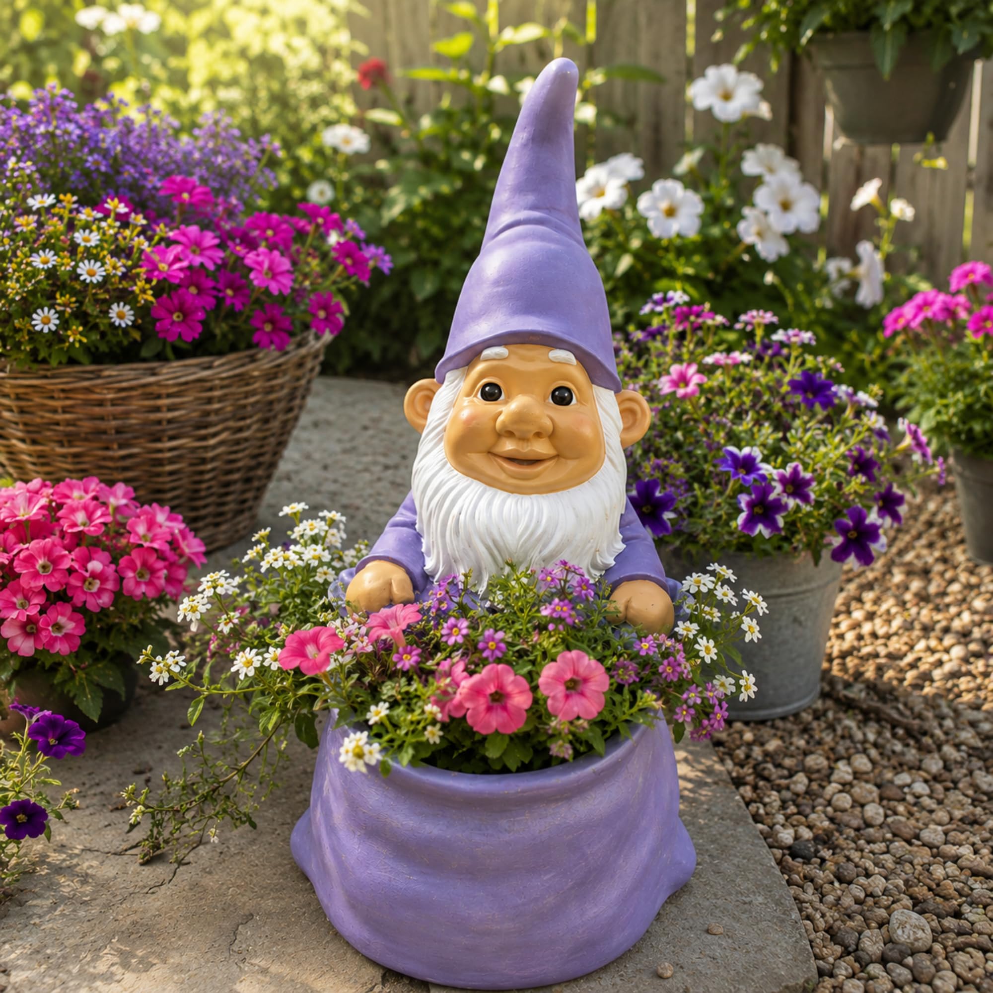 Gartenzwerg mit Pflanztopf – 45 cm Gartenfigur aus Kunstharz für Balkon & Garten
