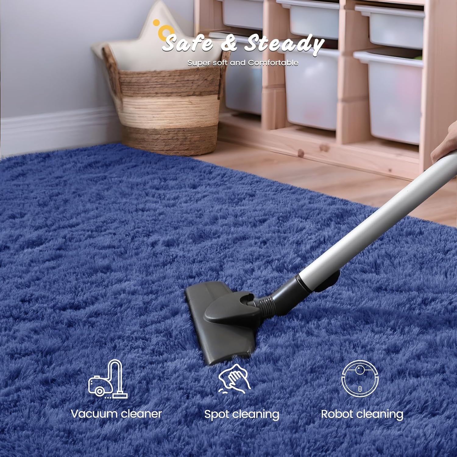 Modern Soft Fluffy Small Shaggy Rug for Bedroom Livingroom Dorm Kids Room Indoor Home Decorative, Non-Slip Plush Furry Fur Area Rugs Comfy Nursery Floor Carpet 7X10 Feet, Light Navy
