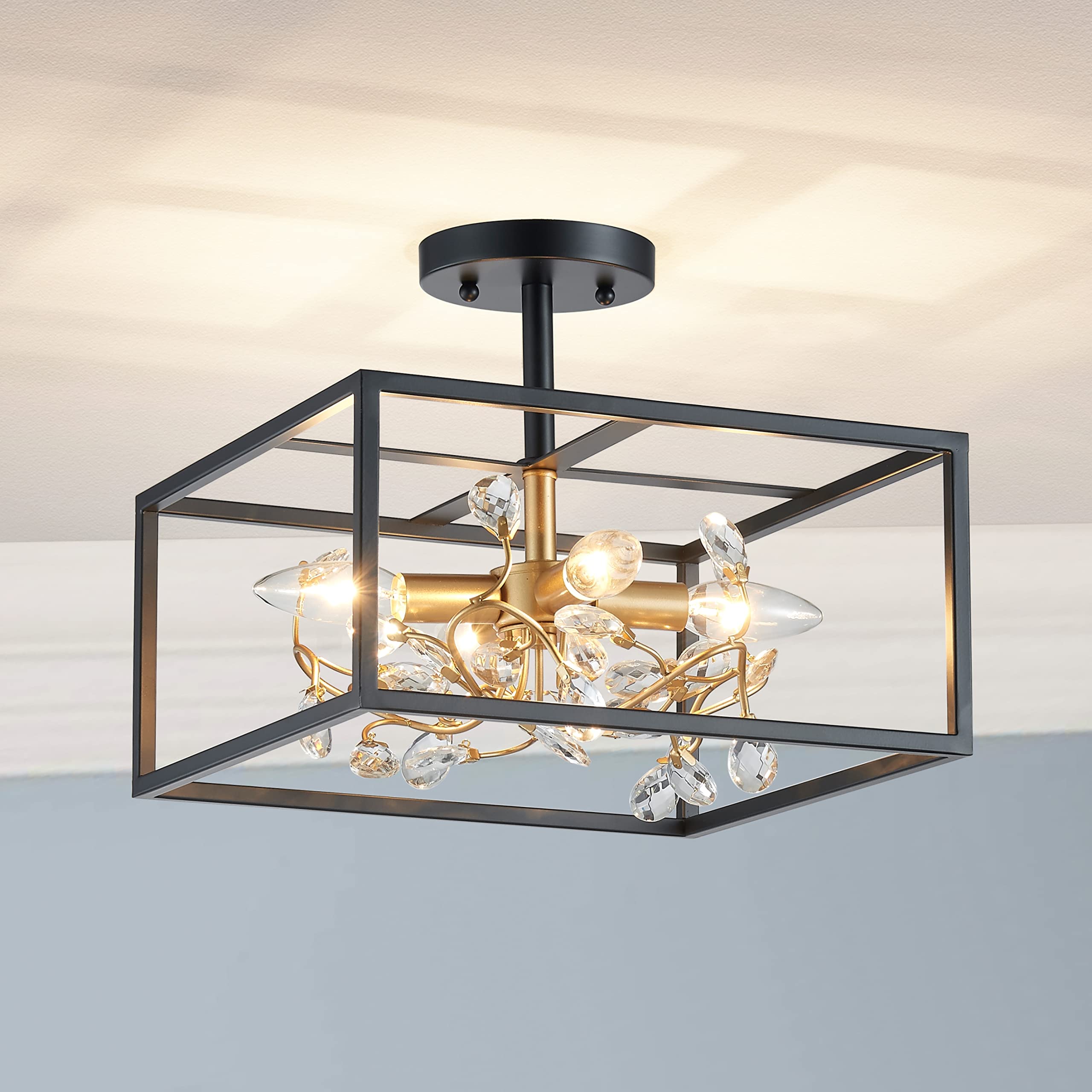 AGV LIGHTING CL043G Crystal Ceiling Light Fixture, Modern Semi Flush Mount Ceiling Light, D13 x H11, E12 Base 4-Lights, Matte Black & Shine Gold Finish