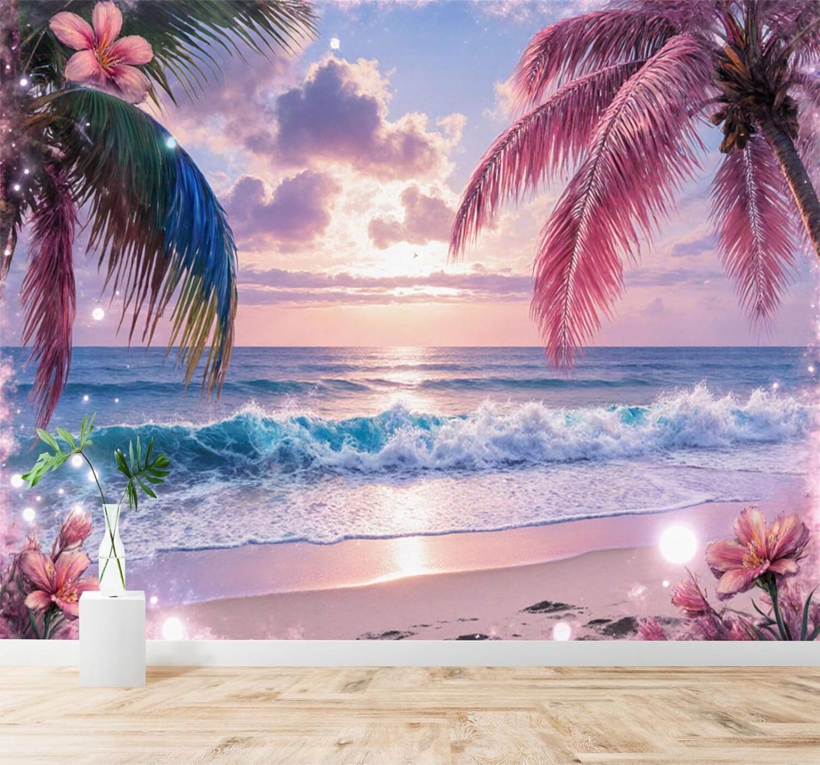 Tzxztt 430Cm×300Cm(B×H) Pink Tropical Beach Sunset Palm Trees Ocean Waves Modern 3D Wallpaper Premium Textured Silk Neutral Tones Material Ideal For Living Room Bedroom-430Cm×300Cm