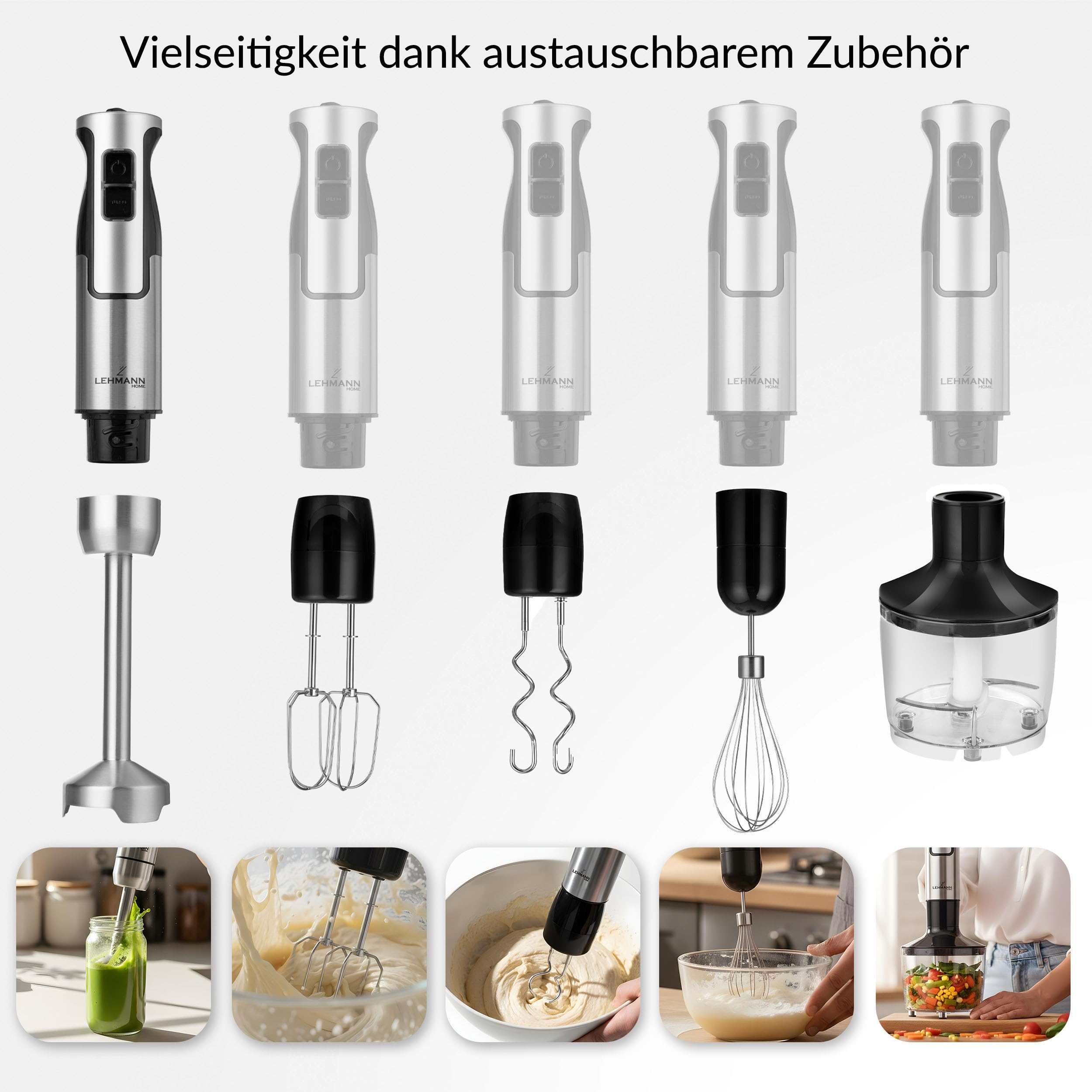 LEHMANN Stabmixer Set 1200 Watt - Multifunktions Pürierstab 5-in-1-6 Zubehör - 860 ml Messbecher - 8-stufige Geschwindigkeitsregelung - Turbo-Funktion - 15.000 U/Min - BPA-frei - Goldene Klinge