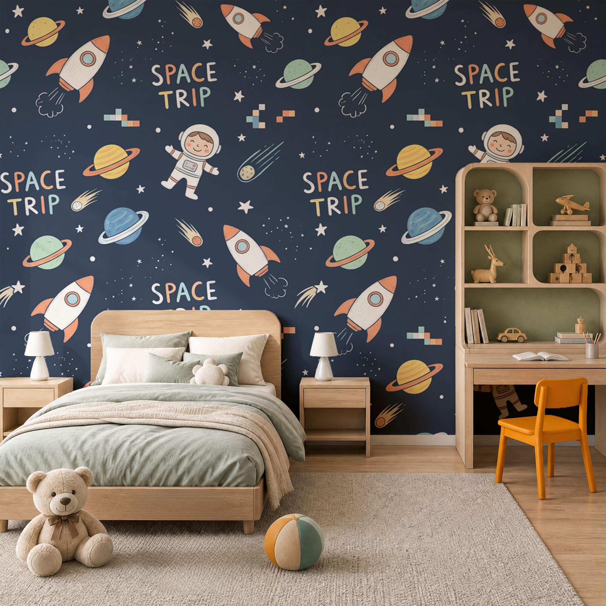 Papier Peint Panoramique 200X140Cm Astronaute Amusant Dans L'Espace | Bleu Marine Papier Peint Intissé Tapisserie Poster Décoration Murale Pour Salon Chambre - Fusées Planètes Galaxies