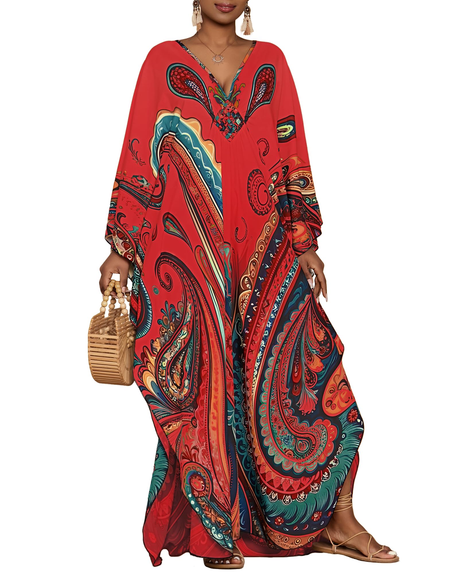 bsubseach Kaftan Dresses for Women Ethnic Print Plus Size Beach Cover Ups Batwing Sleeve Caftans with Pockets, Red, One Size-picture-38