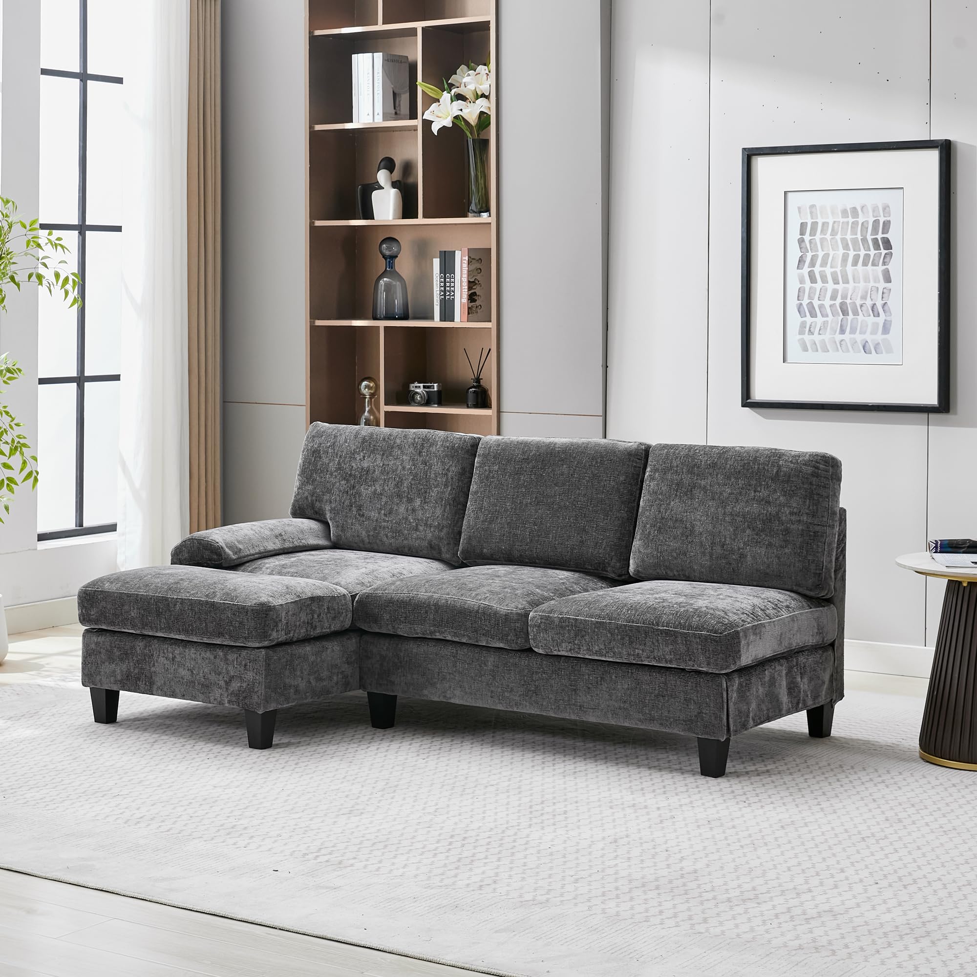 Sofa narożna szara z funkcją spania, 3-osobowa sofa z materiału 194 x 118