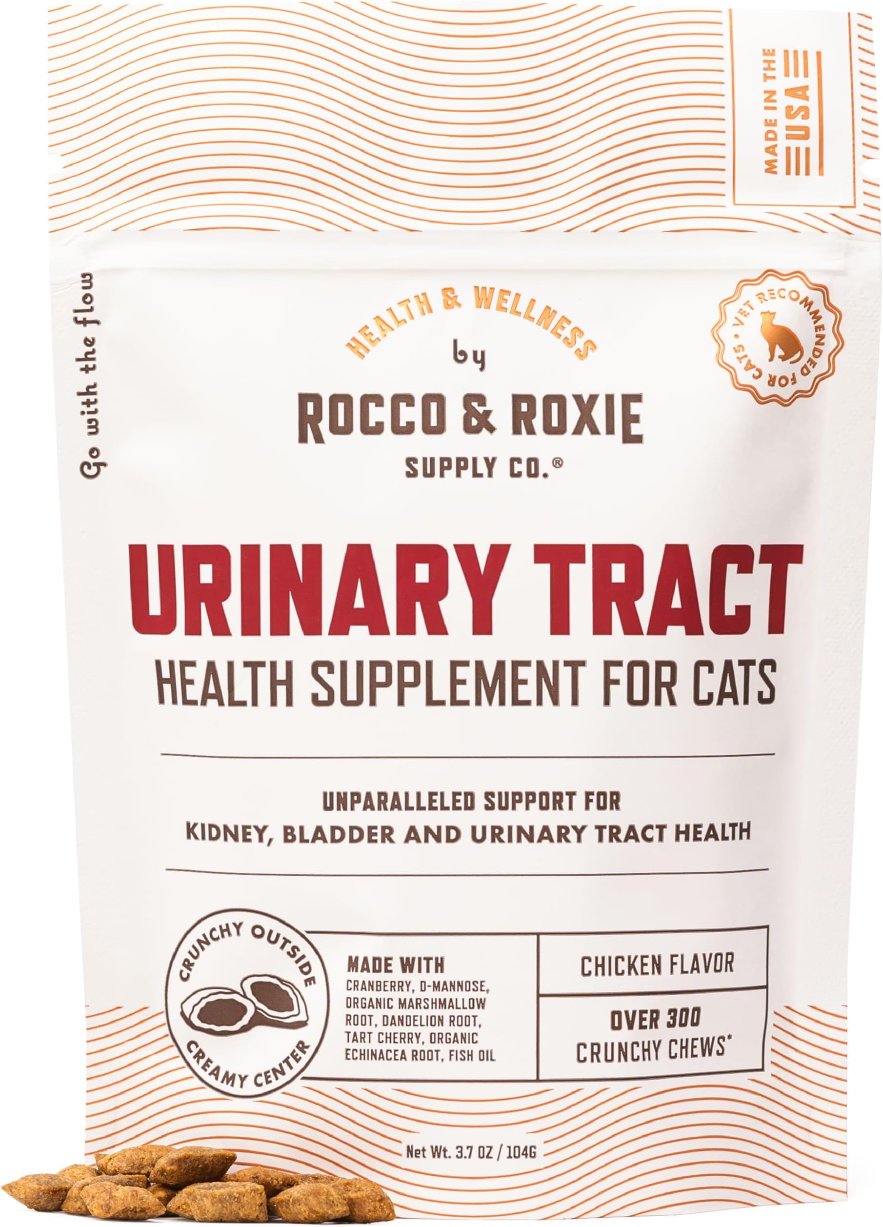 Rocco & Roxie Cat Urinary Tract Health Supplement, Cranberry and D-Mannose for Kidney, Bladder, and UT Support, Vet Recommended Chicken Flavored Crunchy Chews Cats Love, Made in USA