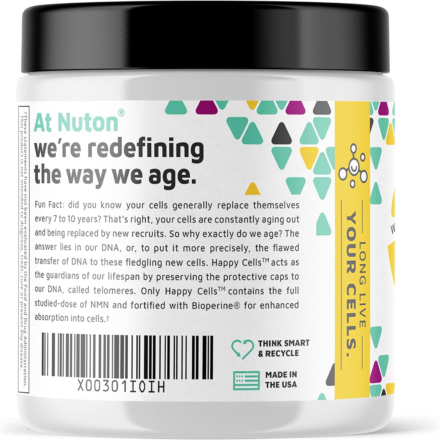 Nuton Happy Cells - NMN Supplement with Bioperine for Healthy Aging & Cellular Repair - NAD+ Supplement - Protects DNA, Promotes Skin Health & Brain Function - Vegan - Non-GMO Formula - 30 Capsules