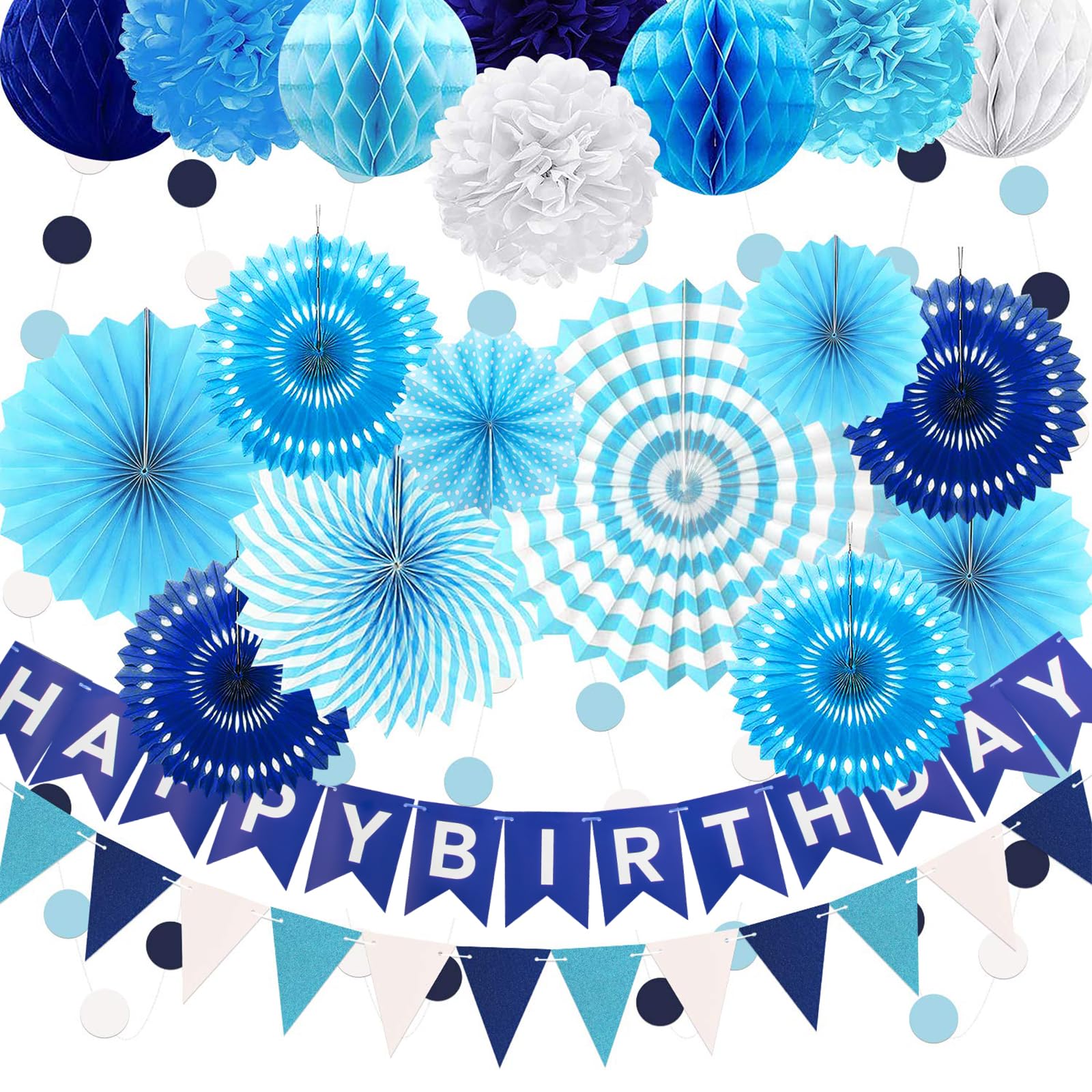 24Pcs Blue Happy Birthday Party Decorations for Boys Men Party Supplies